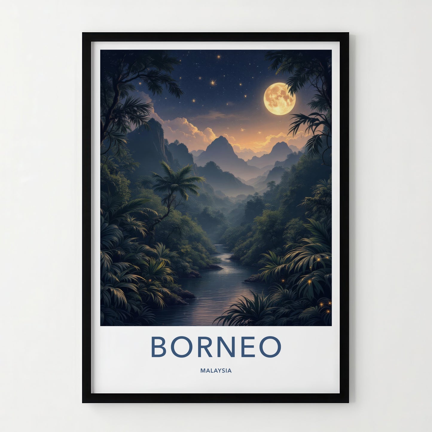 Borneo Poster - Malaysia Wall Art - Moonlit Jungle Stream Home Decor