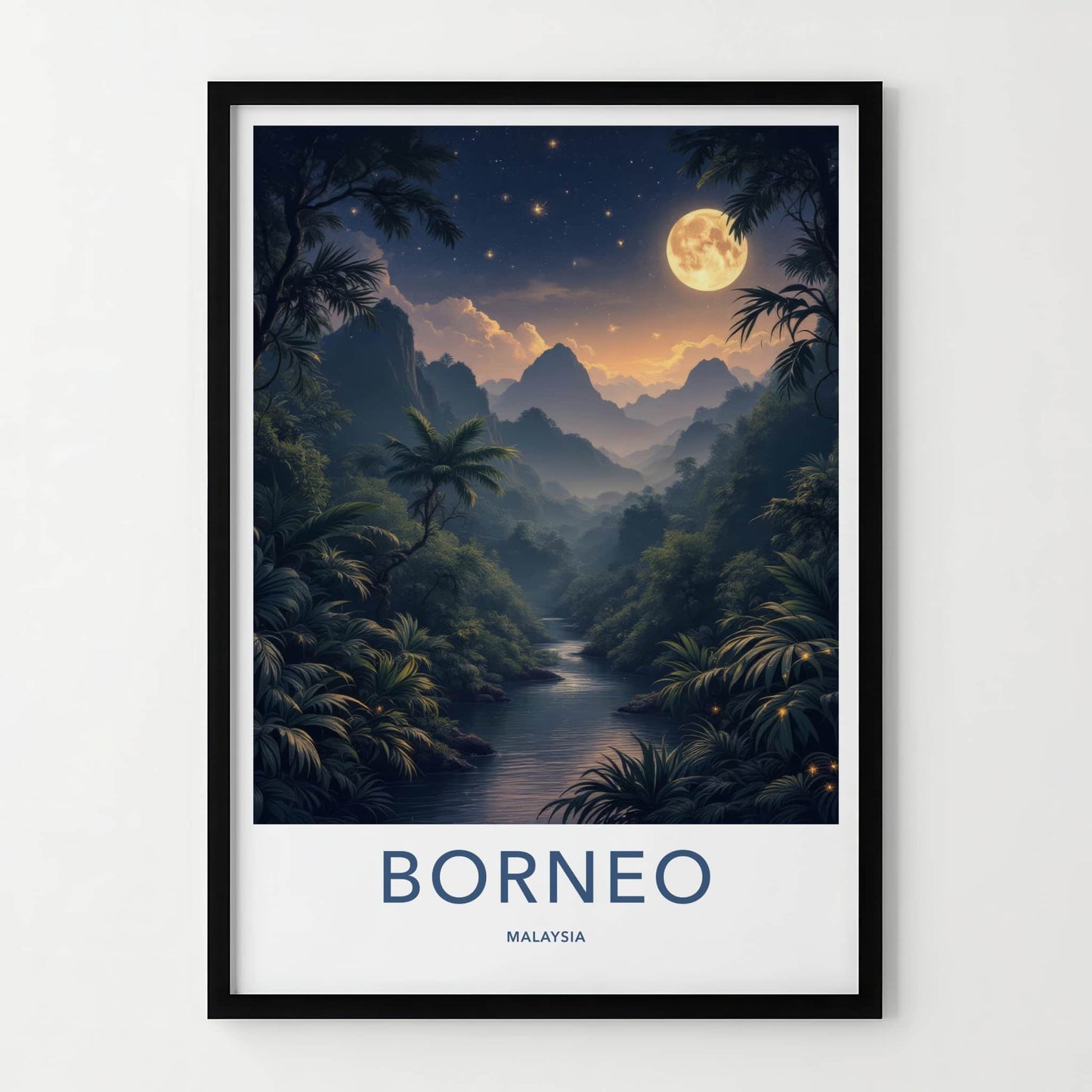 Borneo Poster - Malaysia Wall Art - Moonlit Jungle Stream Home Decor