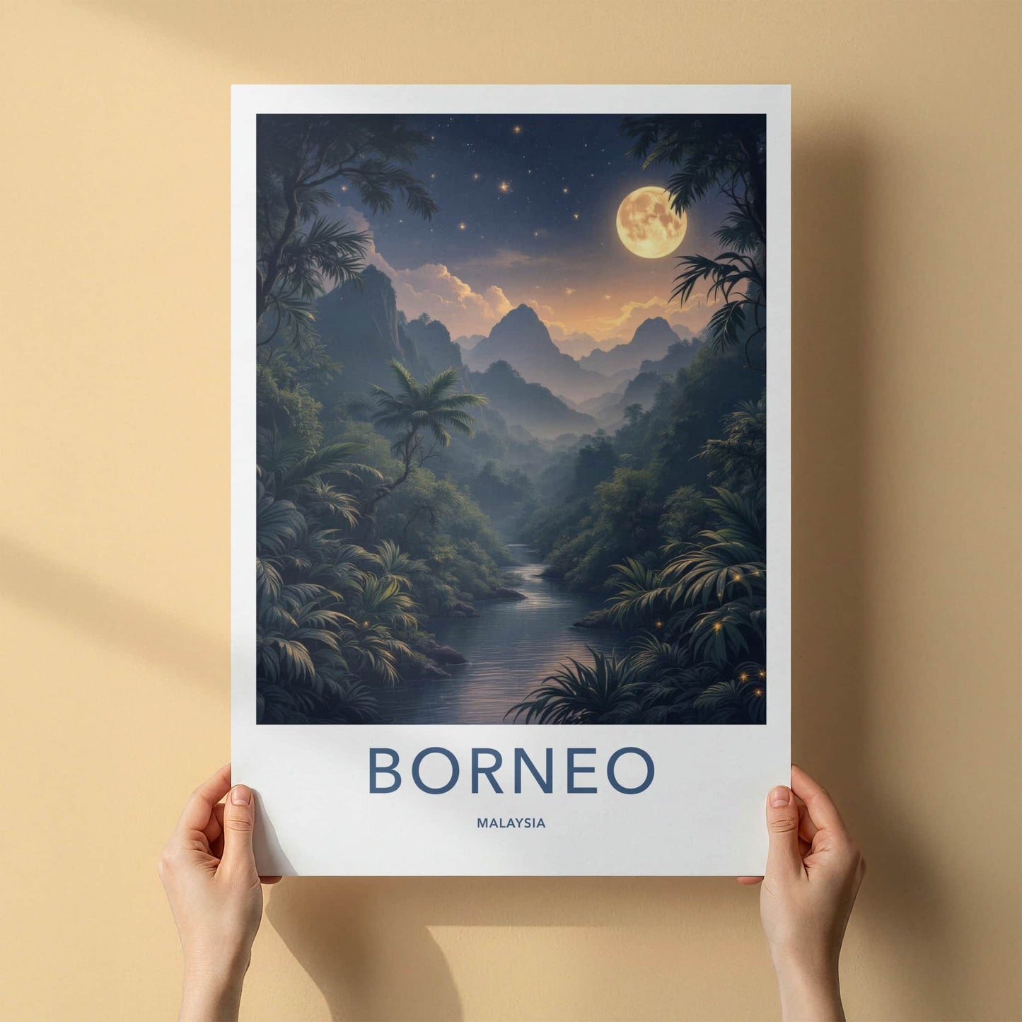 Borneo Poster - Malaysia Wall Art - Moonlit Jungle Stream Home Decor