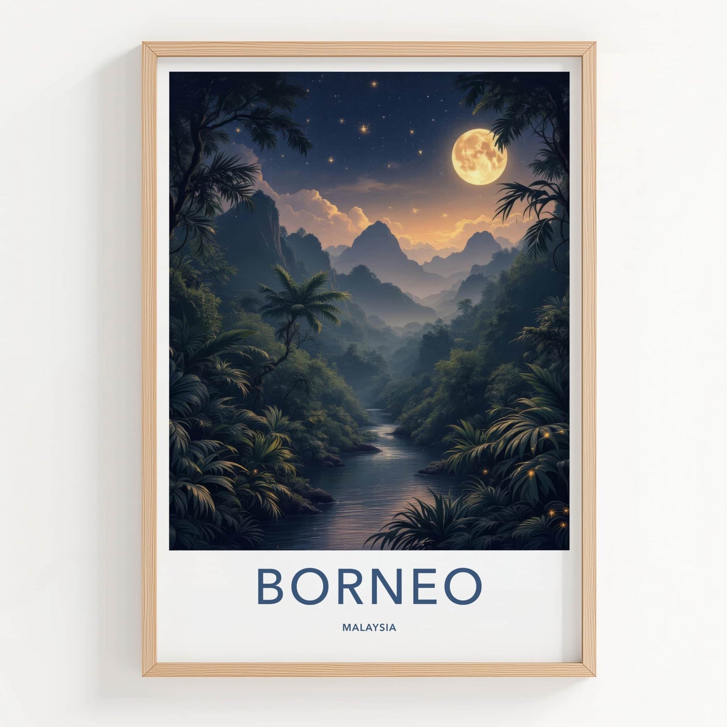 Borneo Poster - Malaysia Wall Art - Moonlit Jungle Stream Home Decor