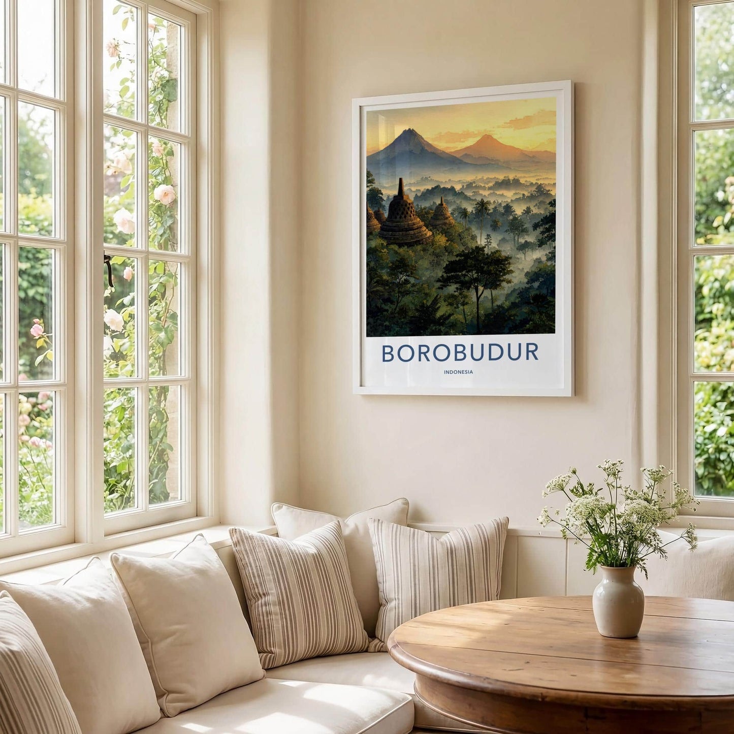 Borobudur Poster - Indonesia Travel Art - Misty Temple Sunrise Home Decor