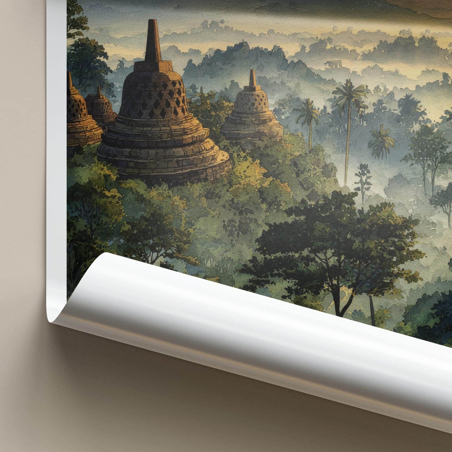 Borobudur Poster - Indonesia Travel Art - Misty Temple Sunrise Home Decor