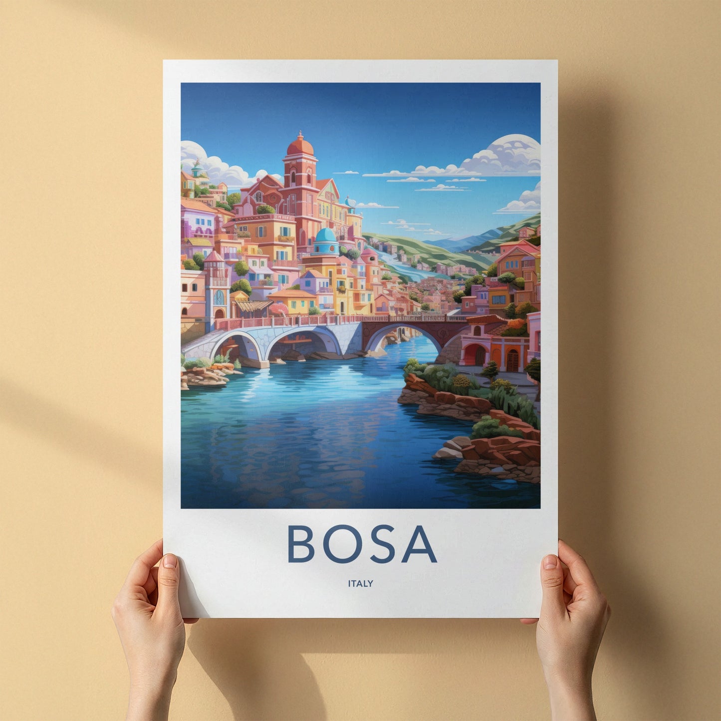 Bosa Poster - Italy Travel Art - Town River Bridges Home Decor