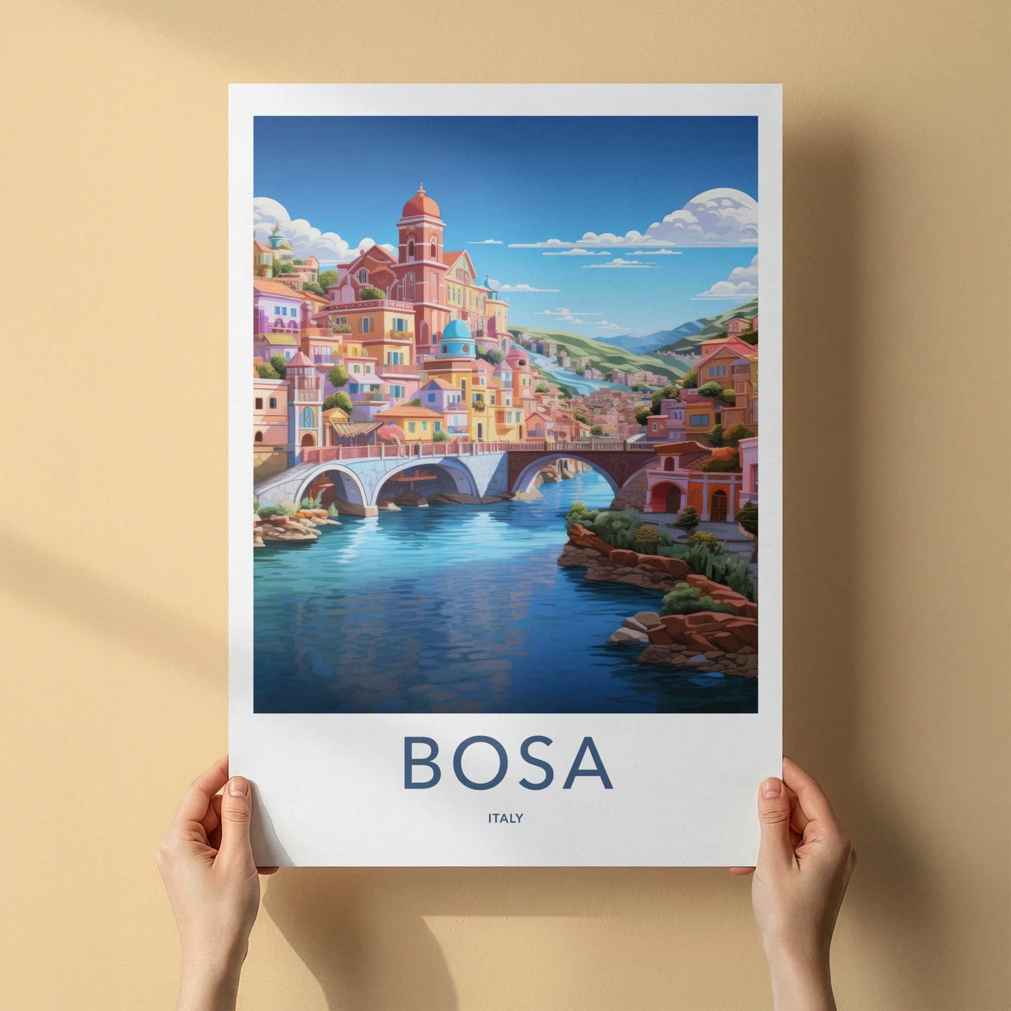 Bosa Poster - Italy Travel Art - Town River Bridges Home Decor