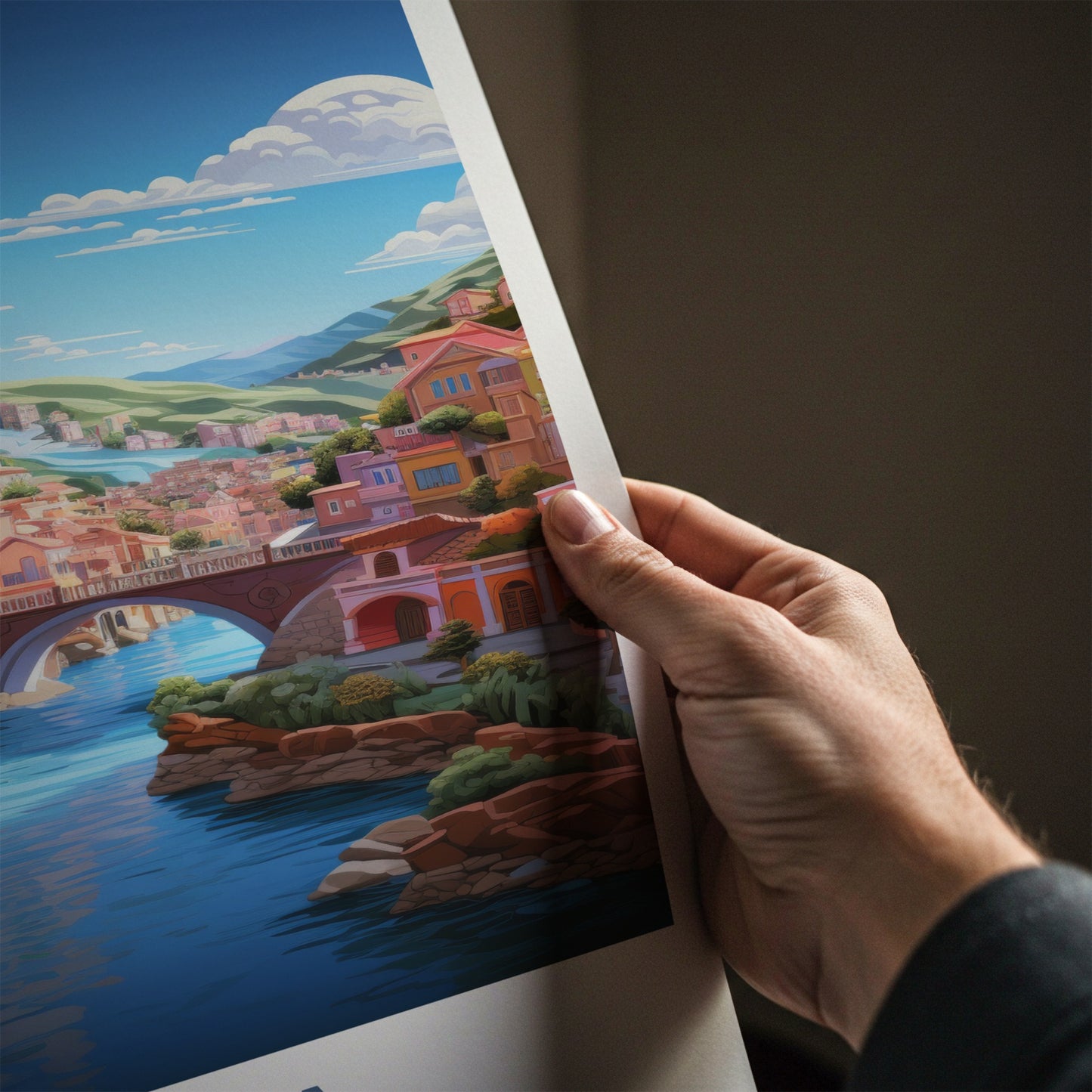 Bosa Poster - Italy Travel Art - Town River Bridges Home Decor