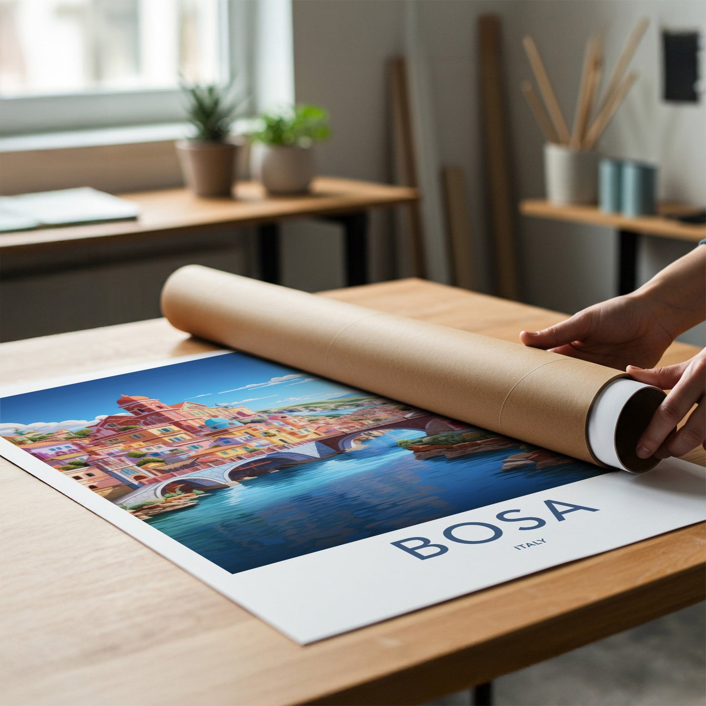 Bosa Poster - Italy Travel Art - Town River Bridges Home Decor