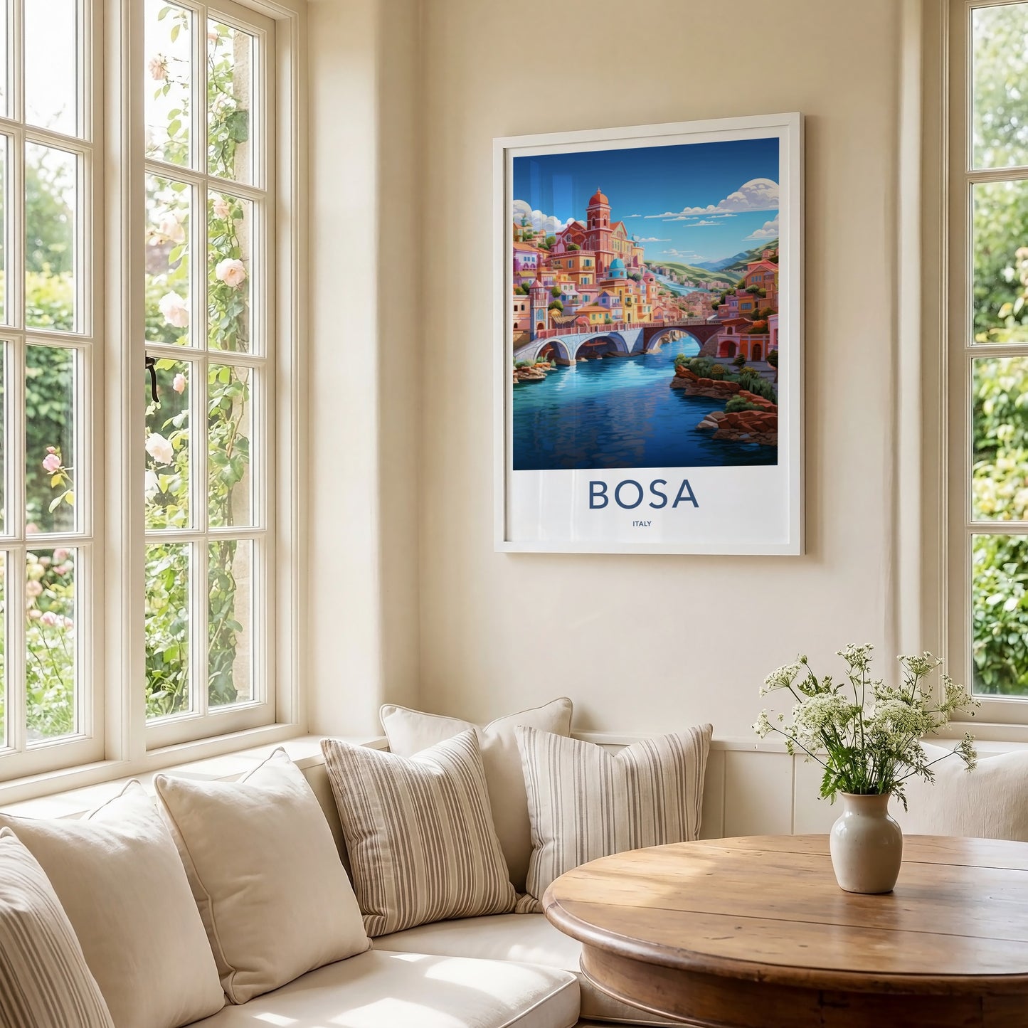 Bosa Poster - Italy Travel Art - Town River Bridges Home Decor
