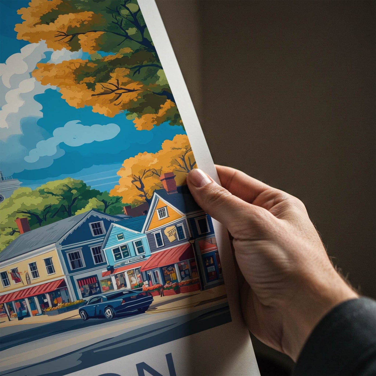 Boston Poster - Massachusetts Travel Art - Autumn Street Scene Wall Decor