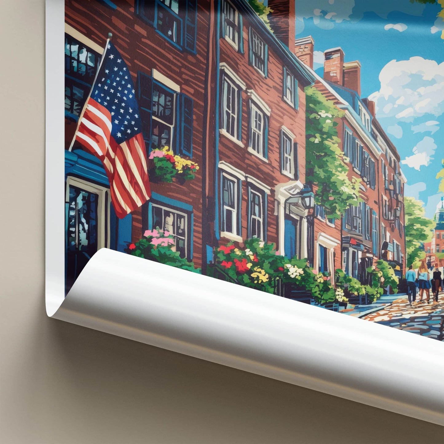 Boston Poster - Massachusetts Travel Art - Cobblestone Street Flags Home Decor
