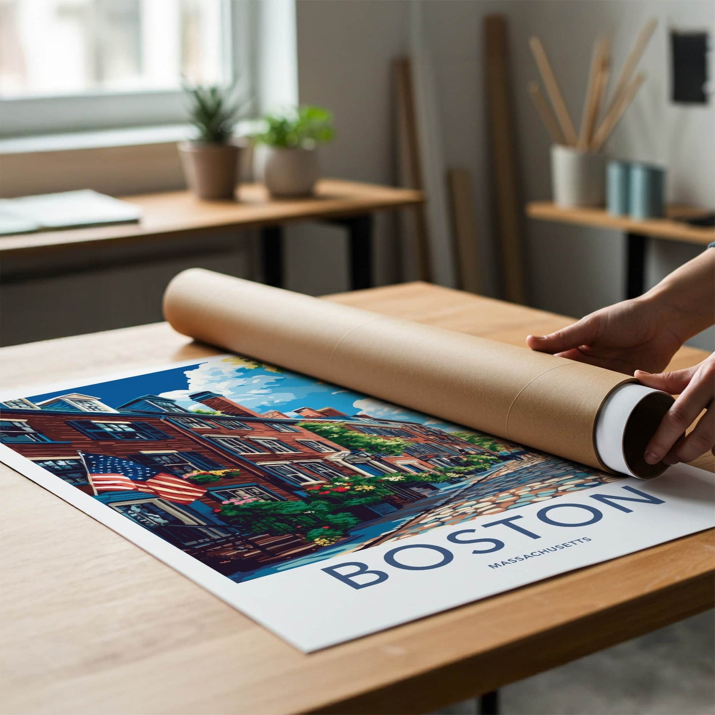 Boston Poster - Massachusetts Travel Art - Cobblestone Street Flags Home Decor