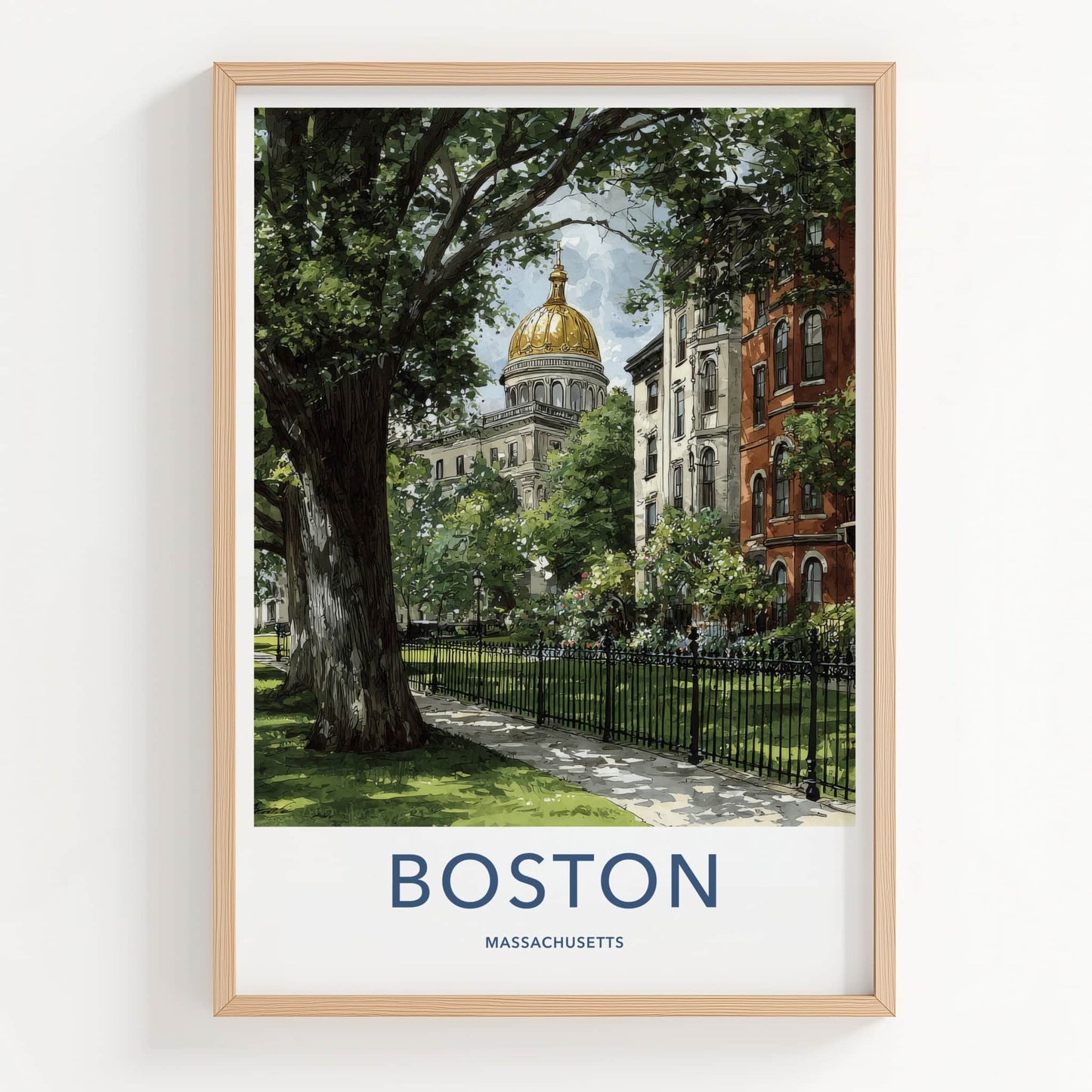 Boston Poster Massachusetts Travel Art Golden Dome Building Framed Decor