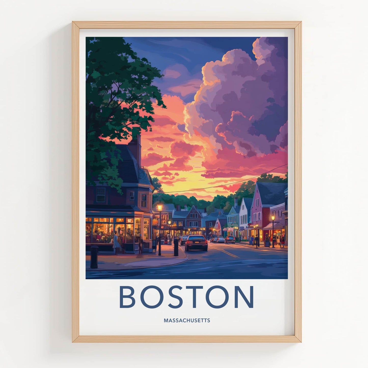 Boston Poster - Massachusetts Travel Art - Vibrant Sunset Street Home Decor