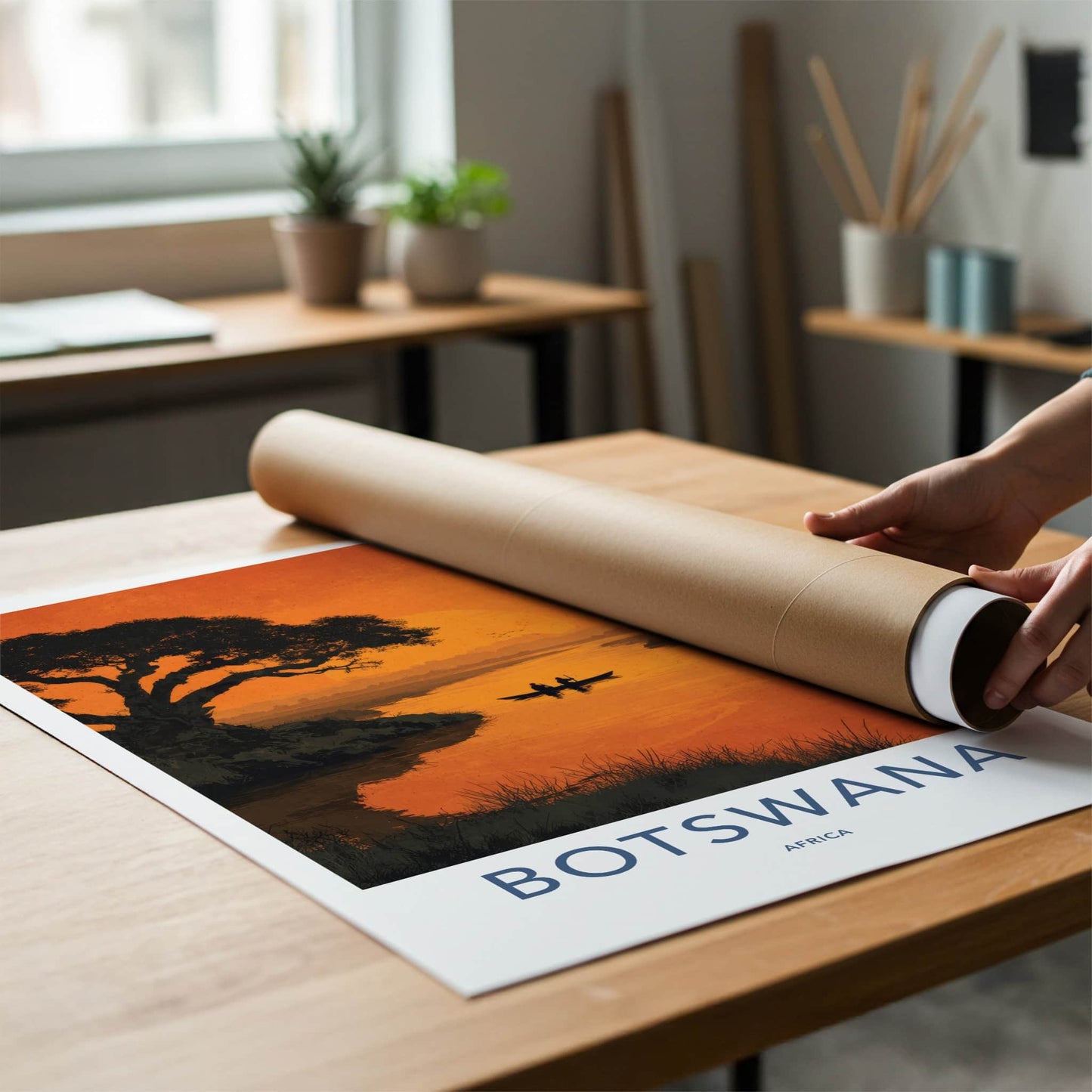 Botswana Poster - Africa Travel Art - Canoe Sunset River Home Decor
