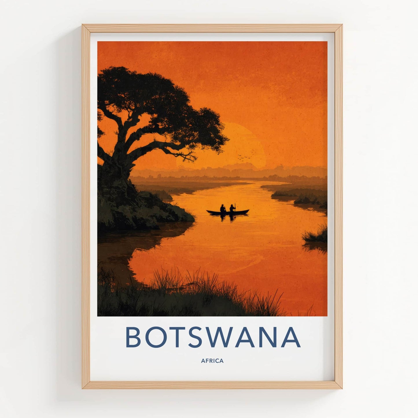 Botswana Poster - Africa Travel Art - Canoe Sunset River Home Decor
