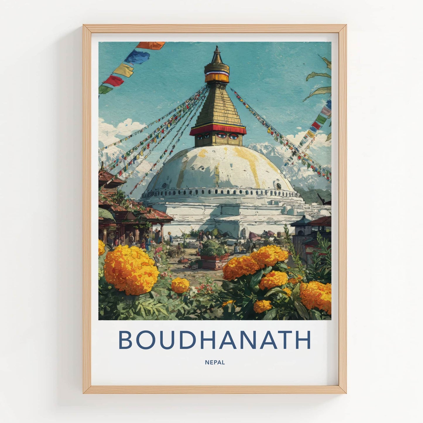 Boudhanath Poster - Nepal Framed Art - Buddhist Stupa Marigold Home Decor