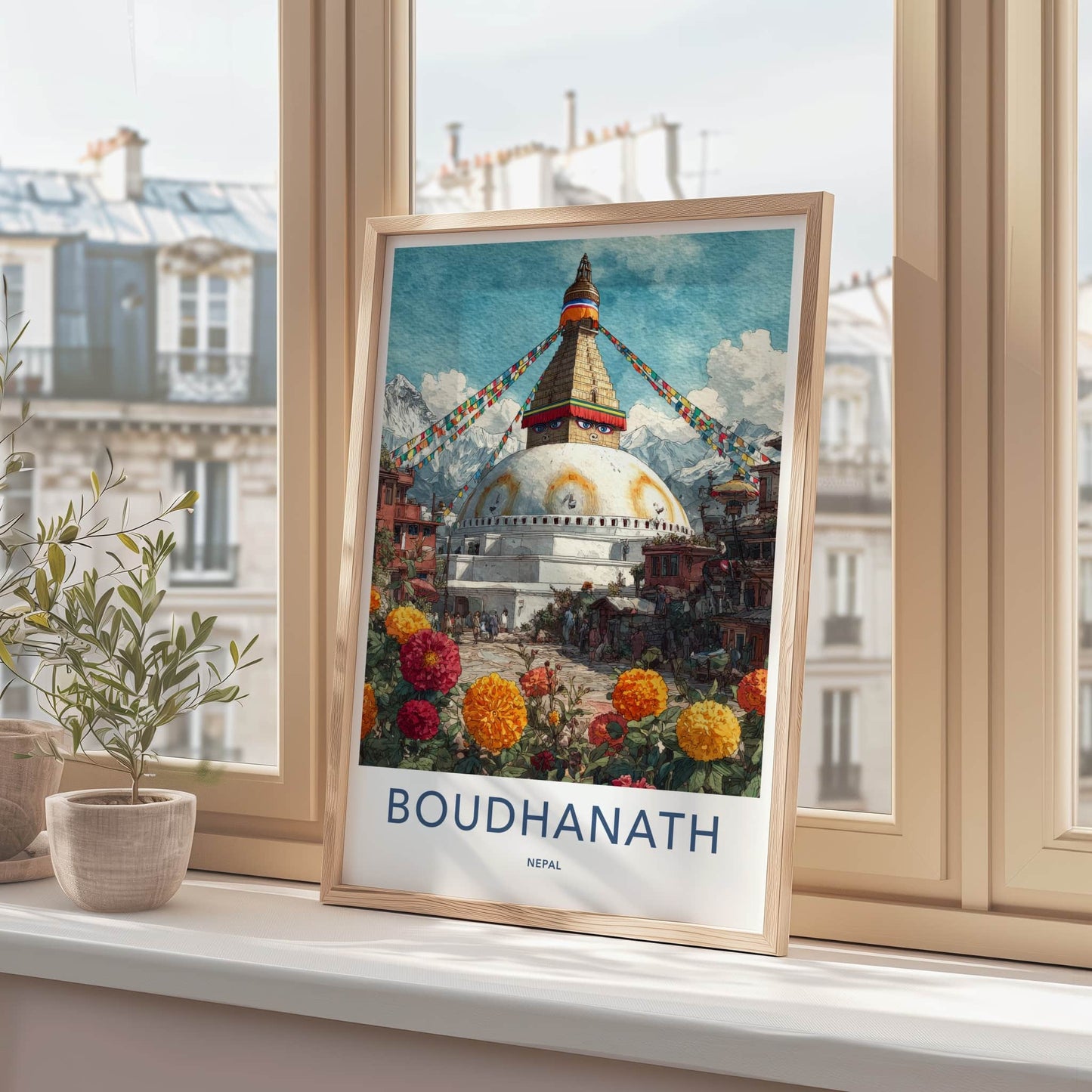 Boudhanath Poster - Nepal Framed Art - Prayer Flags Stupa Home Art