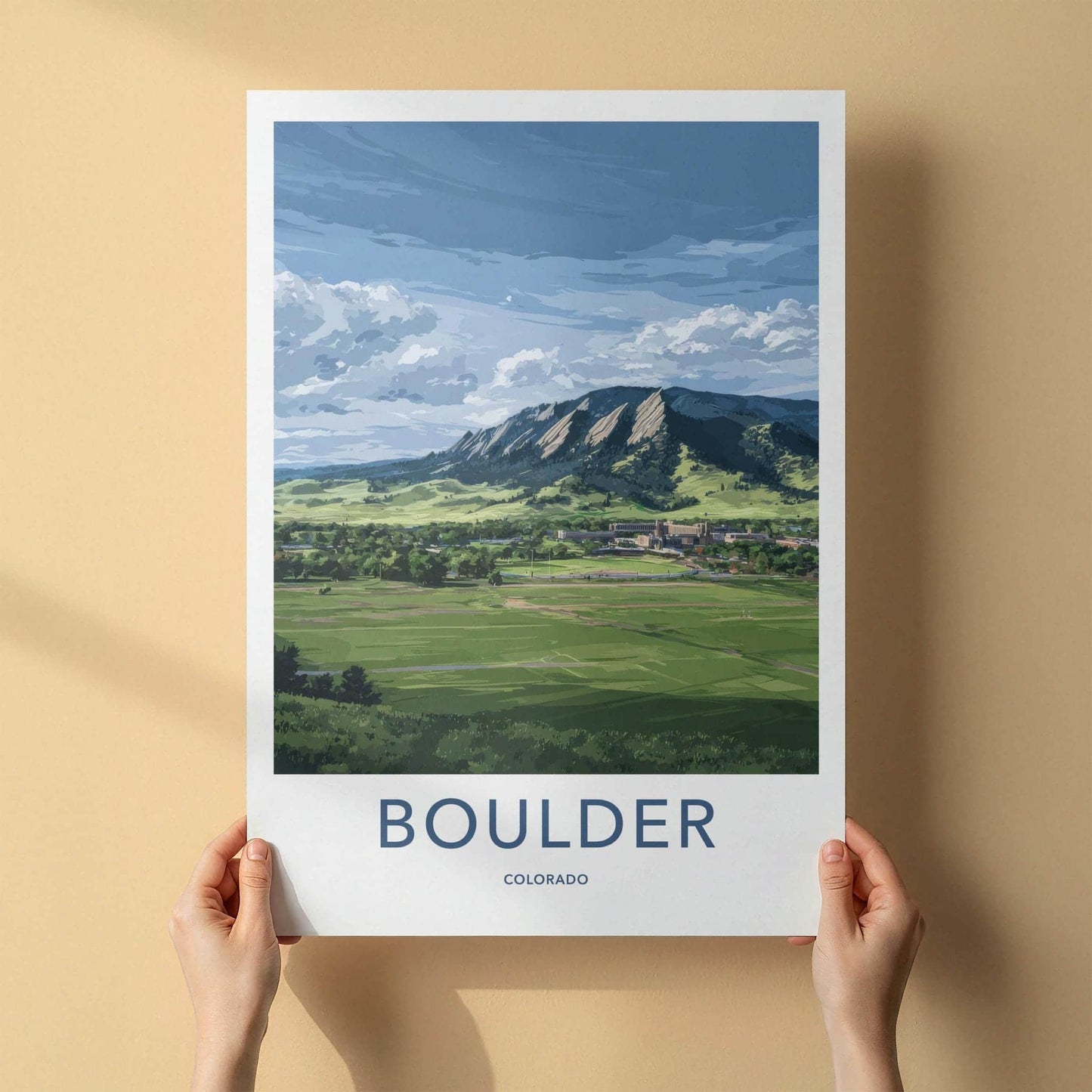 Boulder Poster - Colorado Travel Art - Flatirons Green Campus Wall Decor