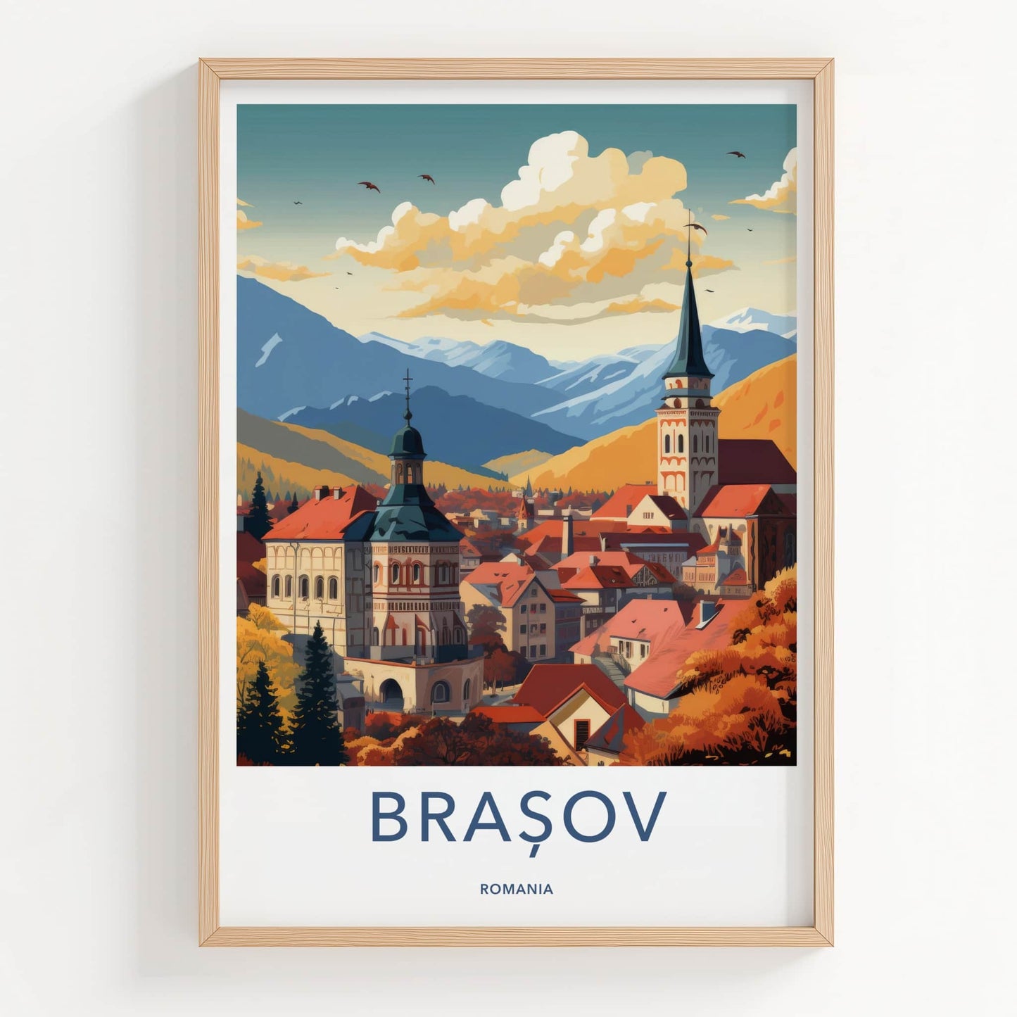 Brasov Poster - Romania Travel Art - Autumn City Spire Home Decor