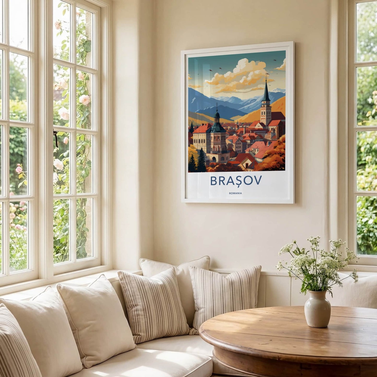 Brasov Poster - Romania Travel Art - Autumn City Spire Home Decor