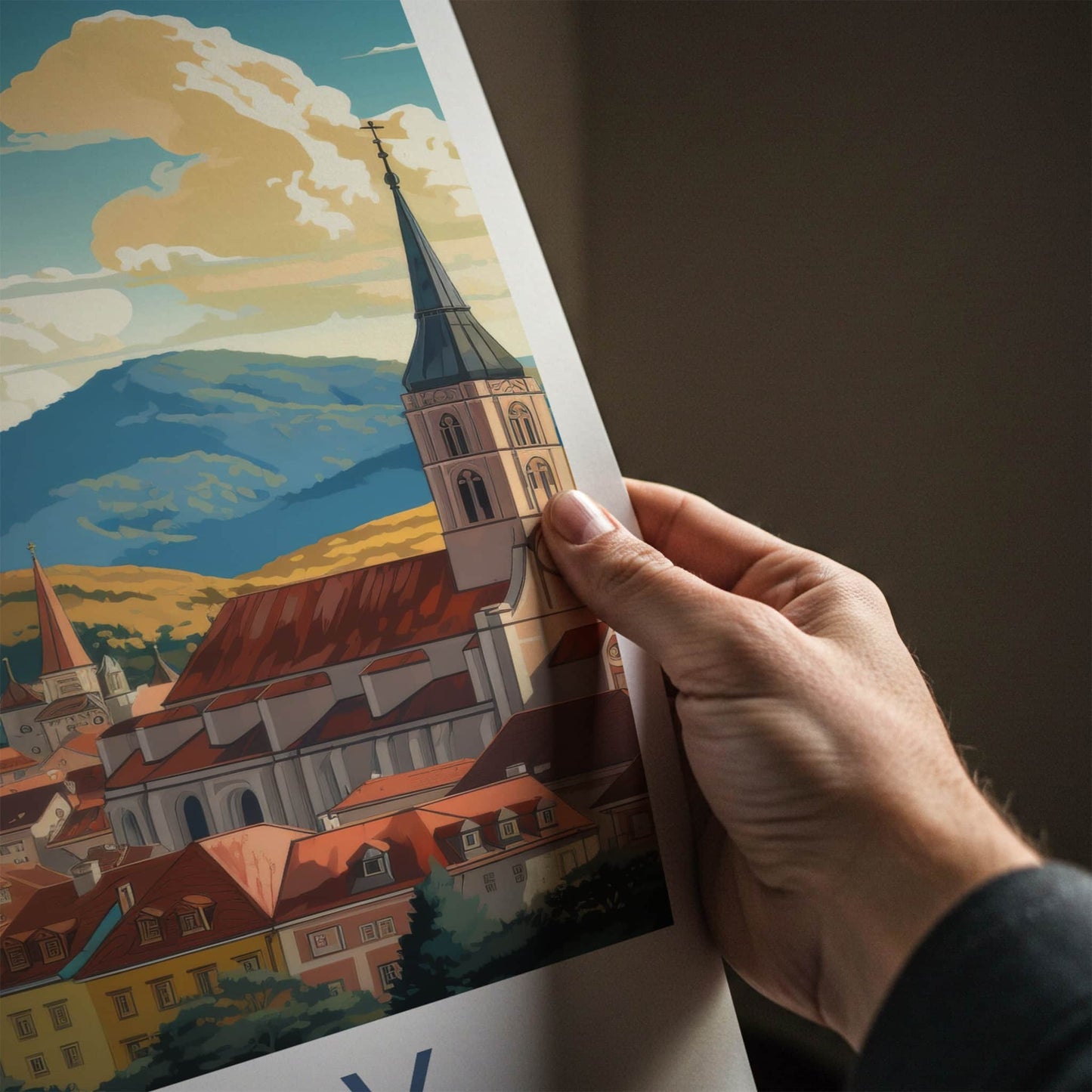 Brasov Poster - Romania Travel Art - Vibrant Rooftops Mountains Home Decor