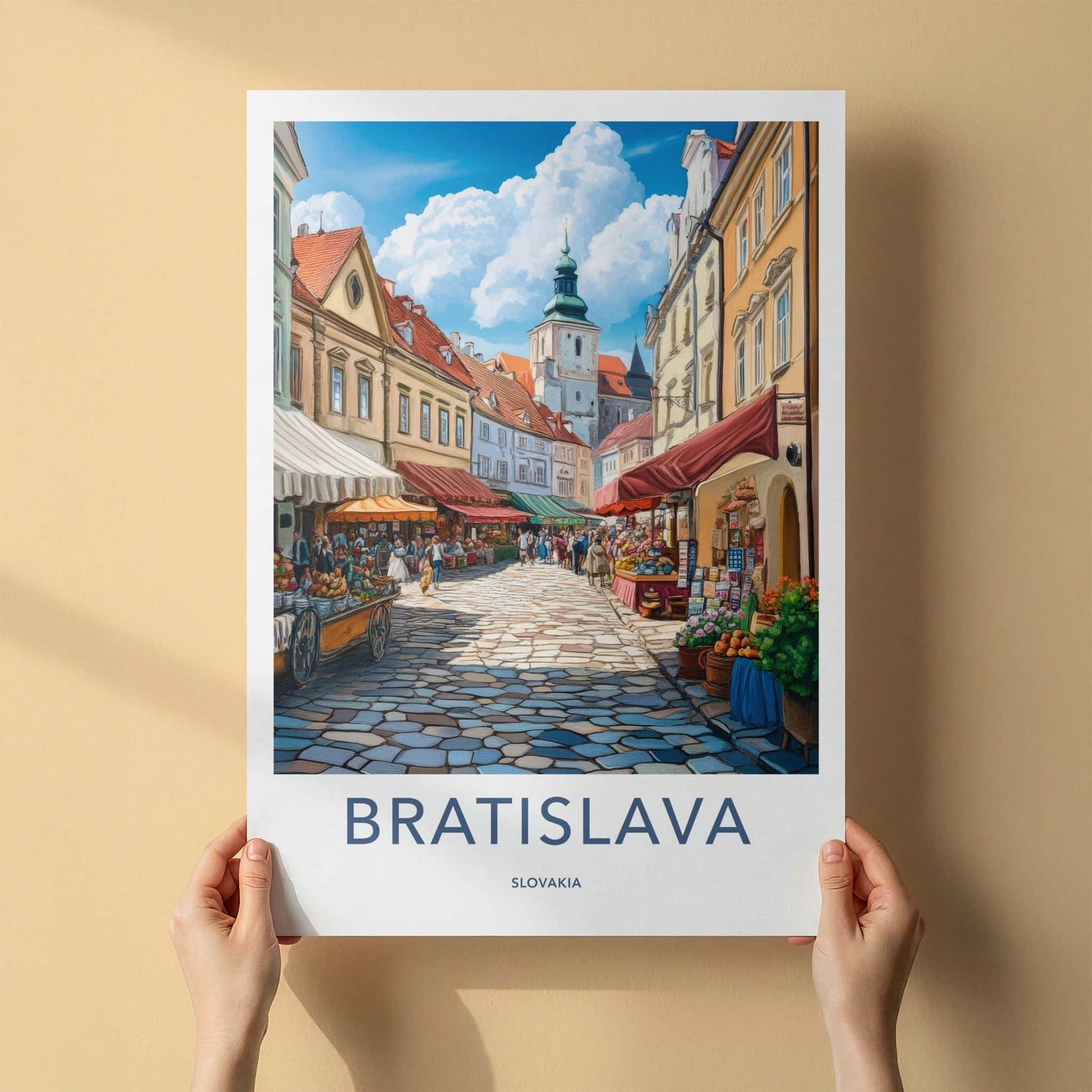 Bratislava Poster - Slovakia Travel Art - Cobblestone Market Street Home Decor
