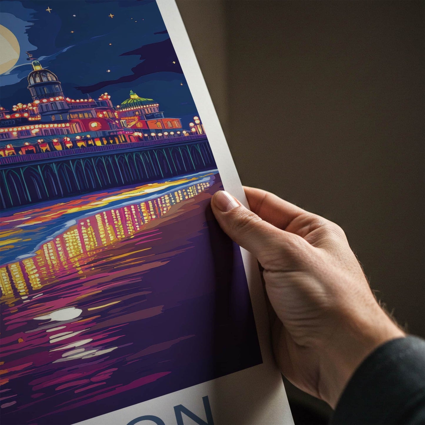 Brighton Poster - England Travel Print - Pier Night Reflections Lounge Decor