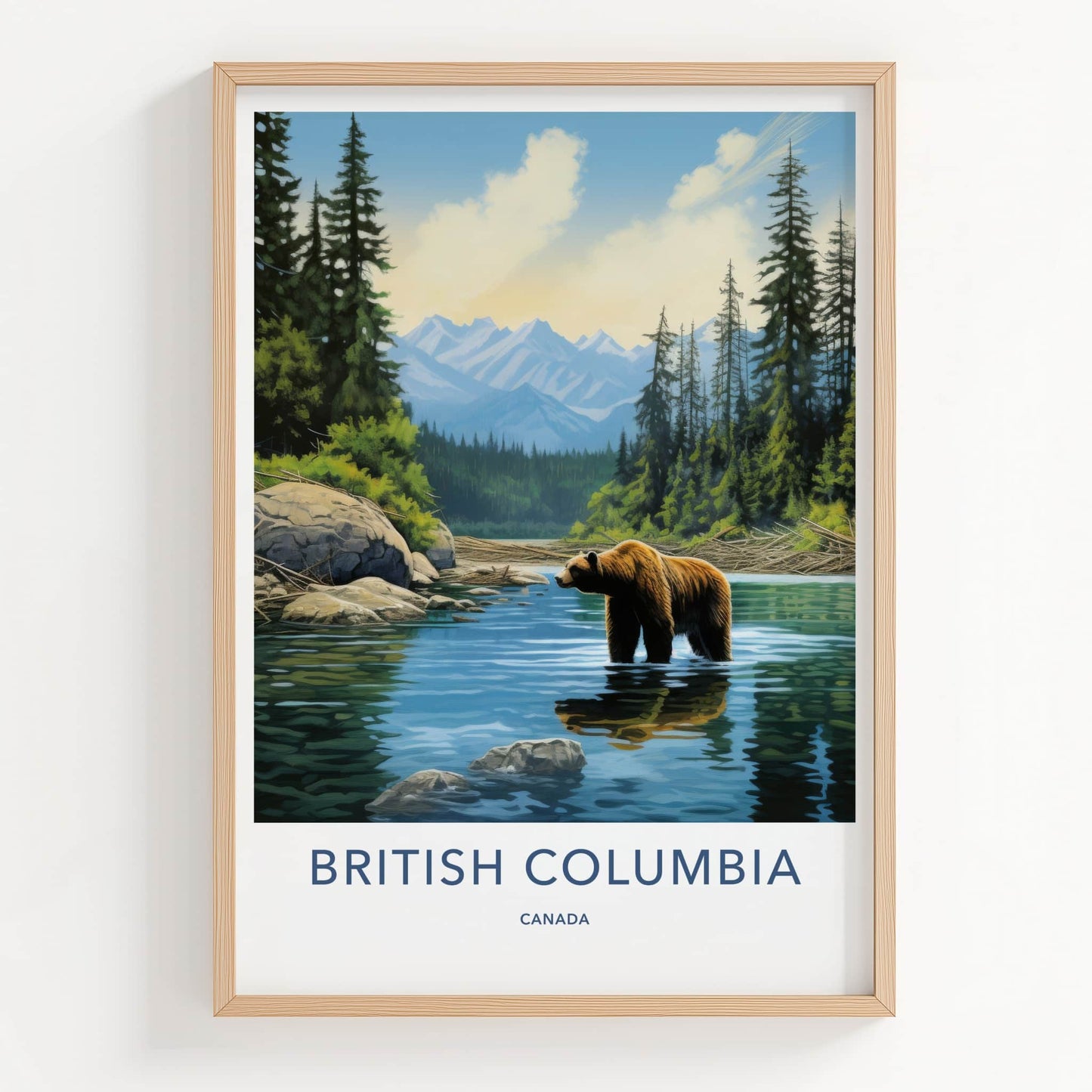 British Columbia Poster - Canada Travel Art - Grizzly Bear River Home Decor