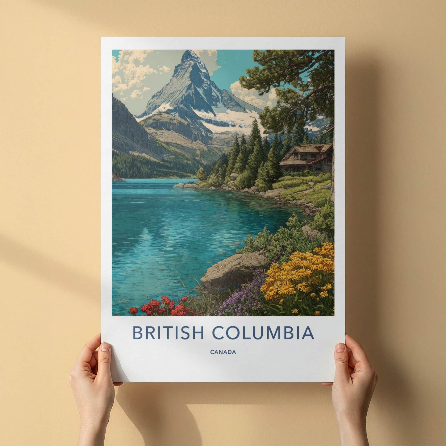 British Columbia Poster - Canada Travel Art - Snowy Mountain Lake Home Decor