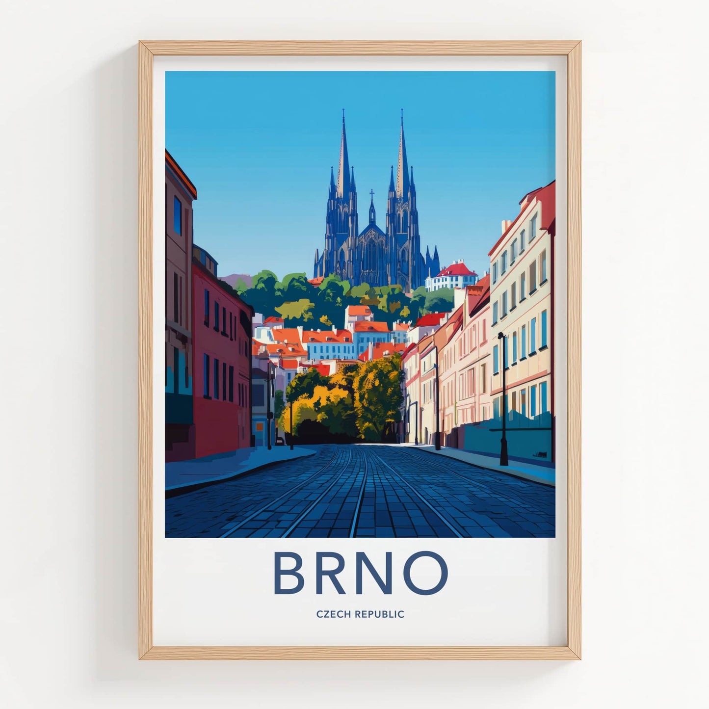 Brno Poster - Czech Republic Travel Art - Cobblestone Street Church Wall Decor