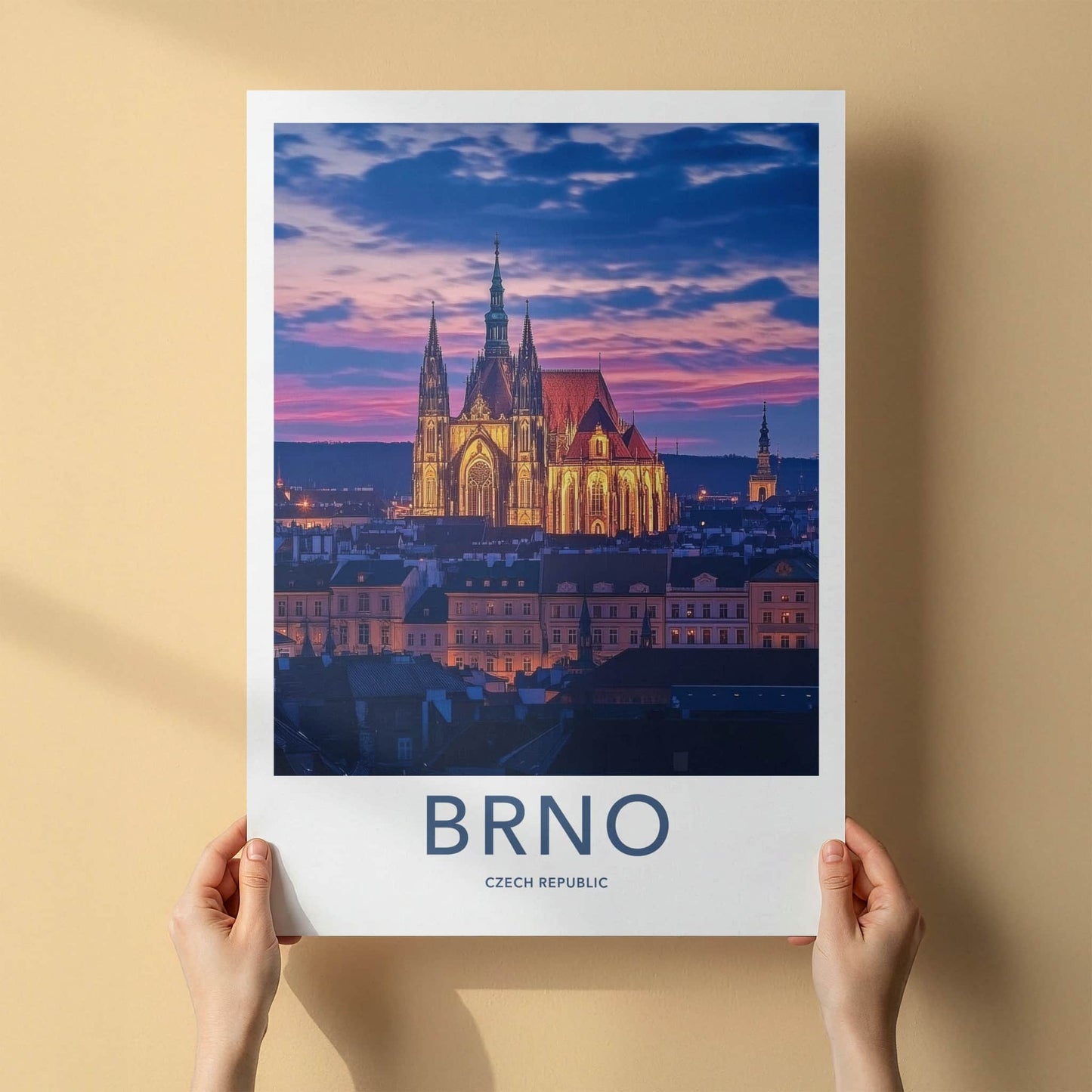 Brno Poster - Czech Republic Travel Art - Illuminated Cathedral Sunset Home Decor