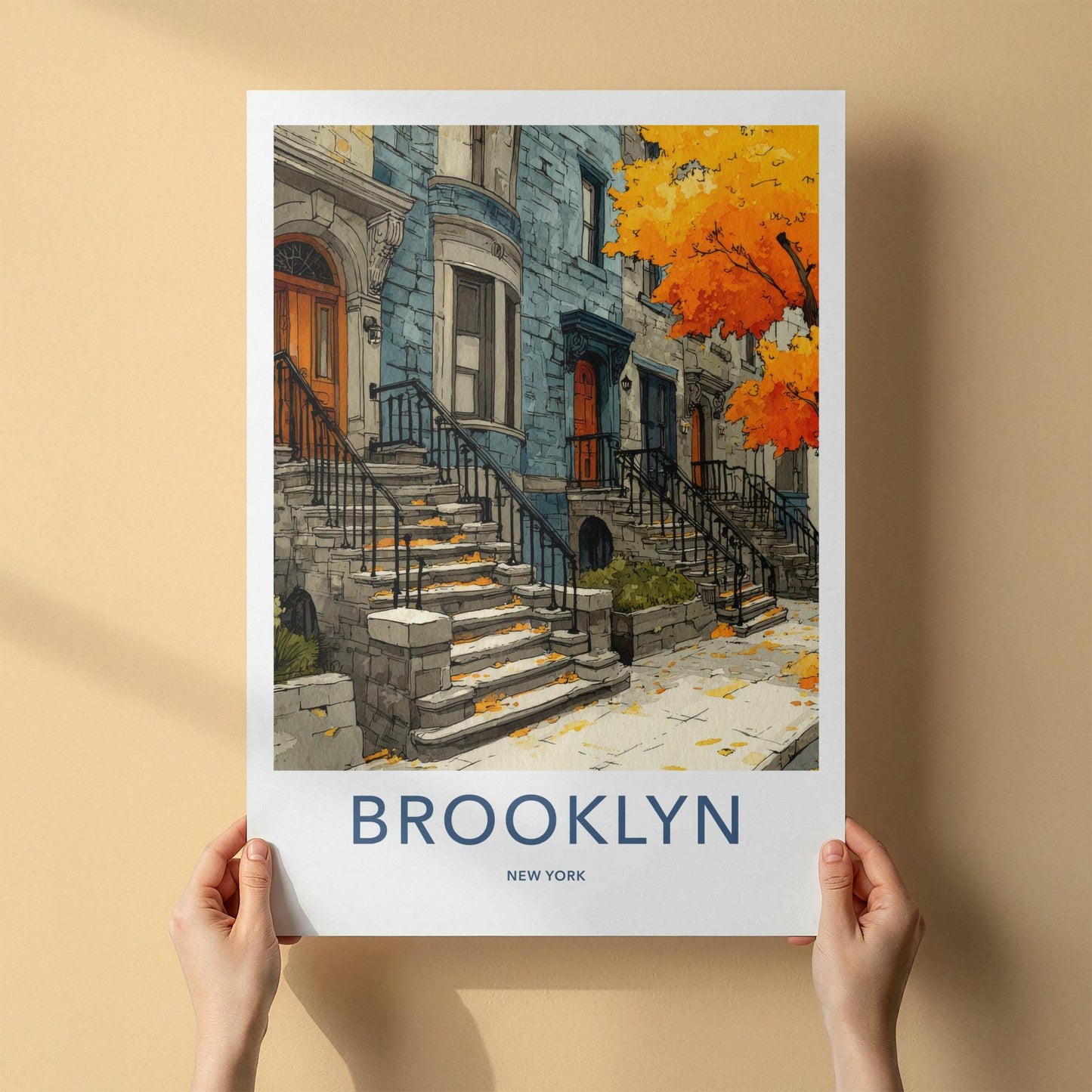 Brooklyn Poster - New York Scenic Art - Autumn Brownstone Stoops Home Decor