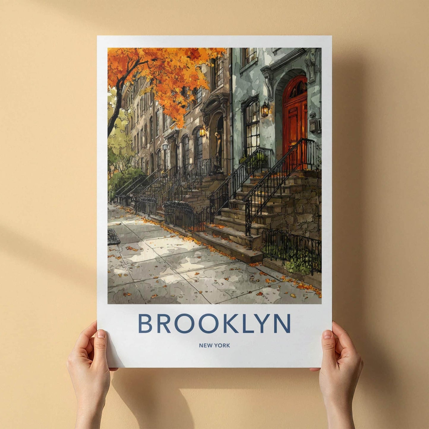 Brooklyn Poster - New York Travel Art - Autumn Brownstone Street Home Decor