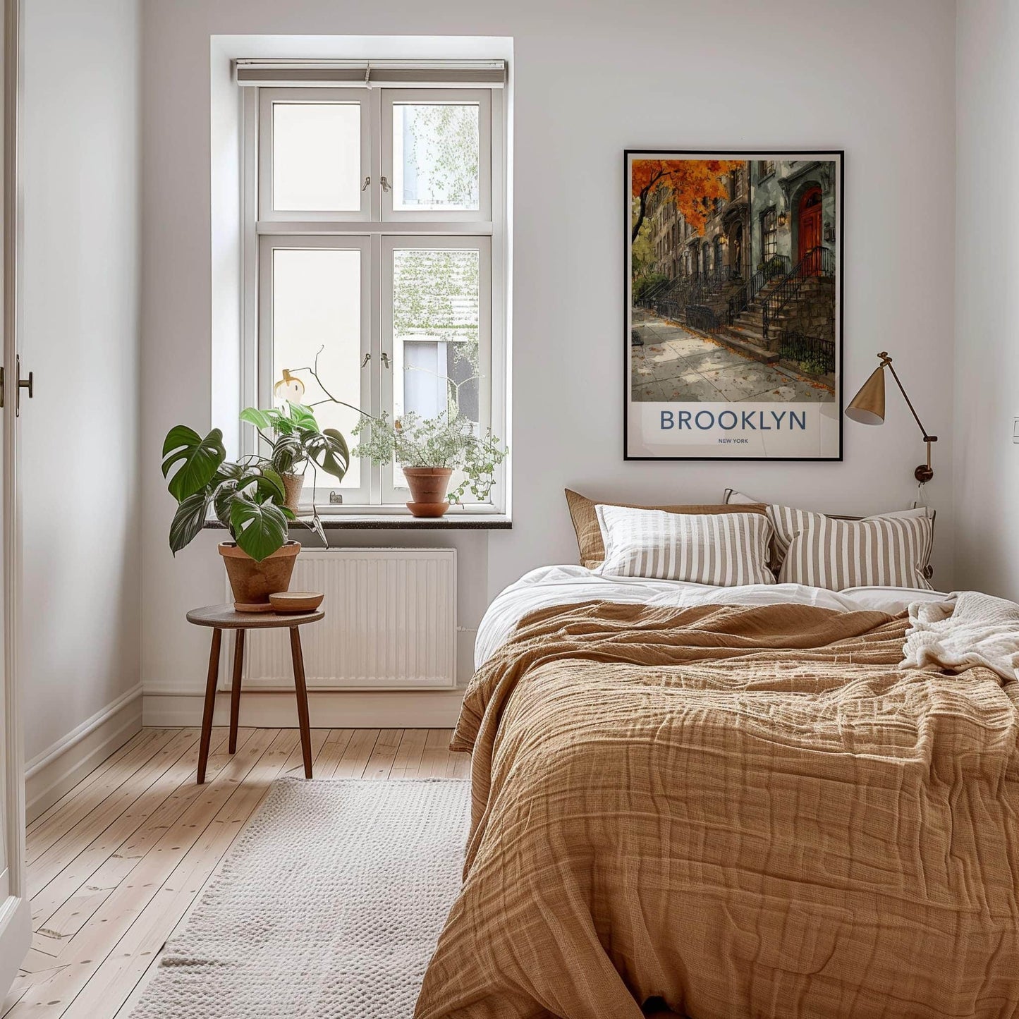 Brooklyn Poster - New York Travel Art - Autumn Brownstone Street Home Decor