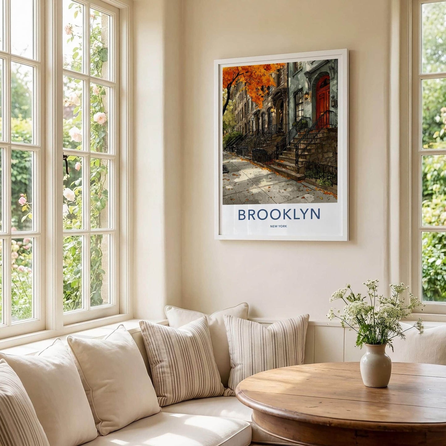 Brooklyn Poster - New York Travel Art - Autumn Brownstone Street Home Decor