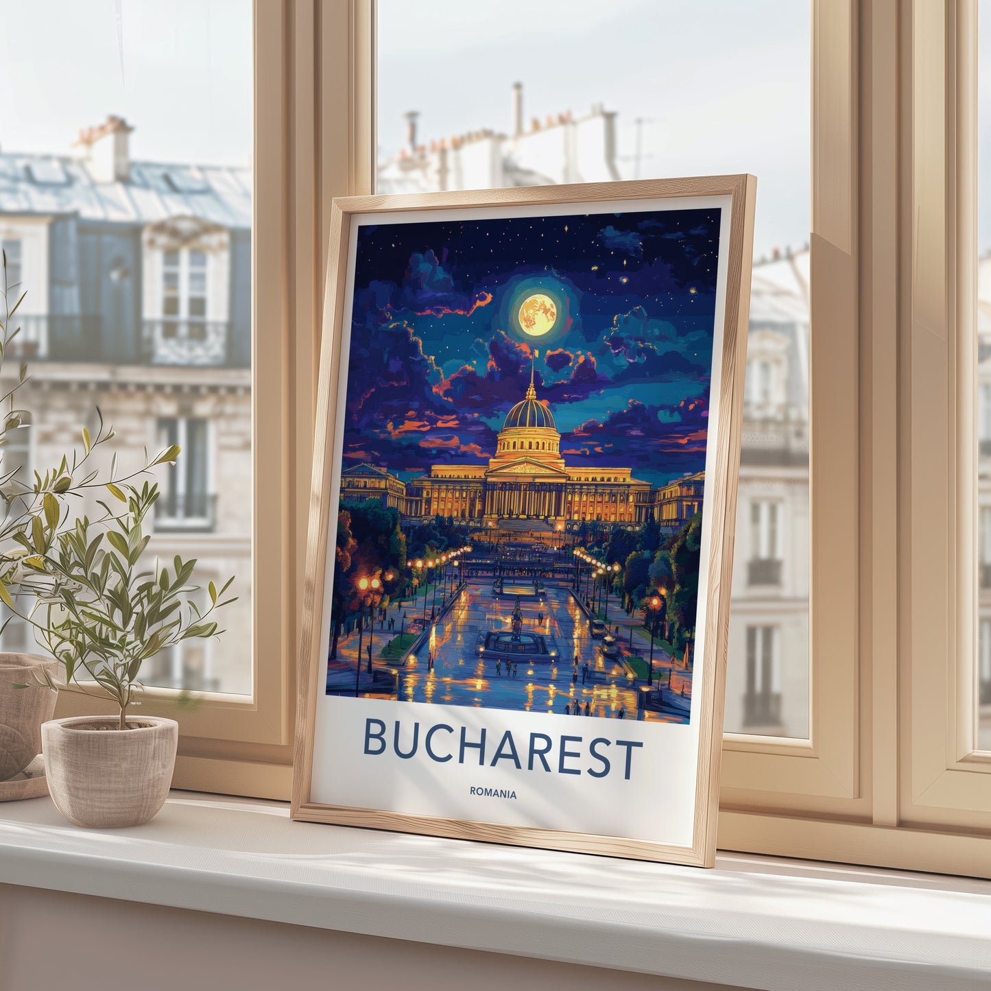 Bucharest Poster - Romania Travel Art - Illuminated Palace Night Home Decor