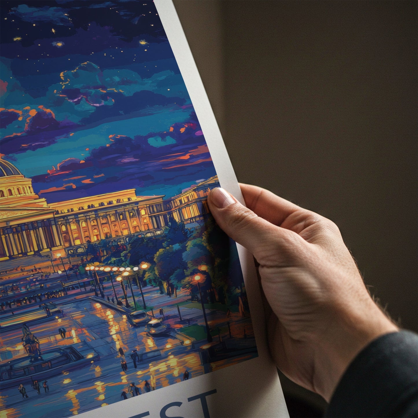 Bucharest Poster - Romania Travel Art - Illuminated Palace Night Home Decor