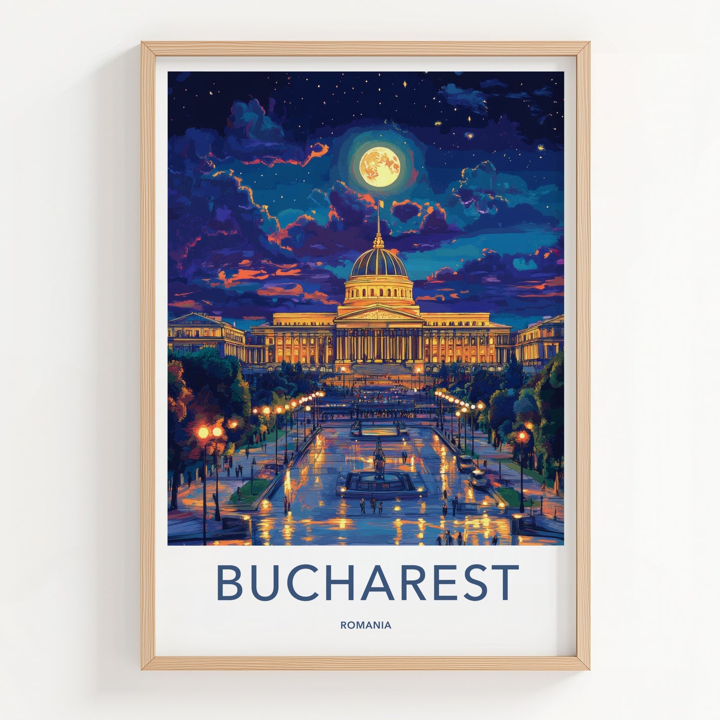 Bucharest Poster - Romania Travel Art - Illuminated Palace Night Home Decor