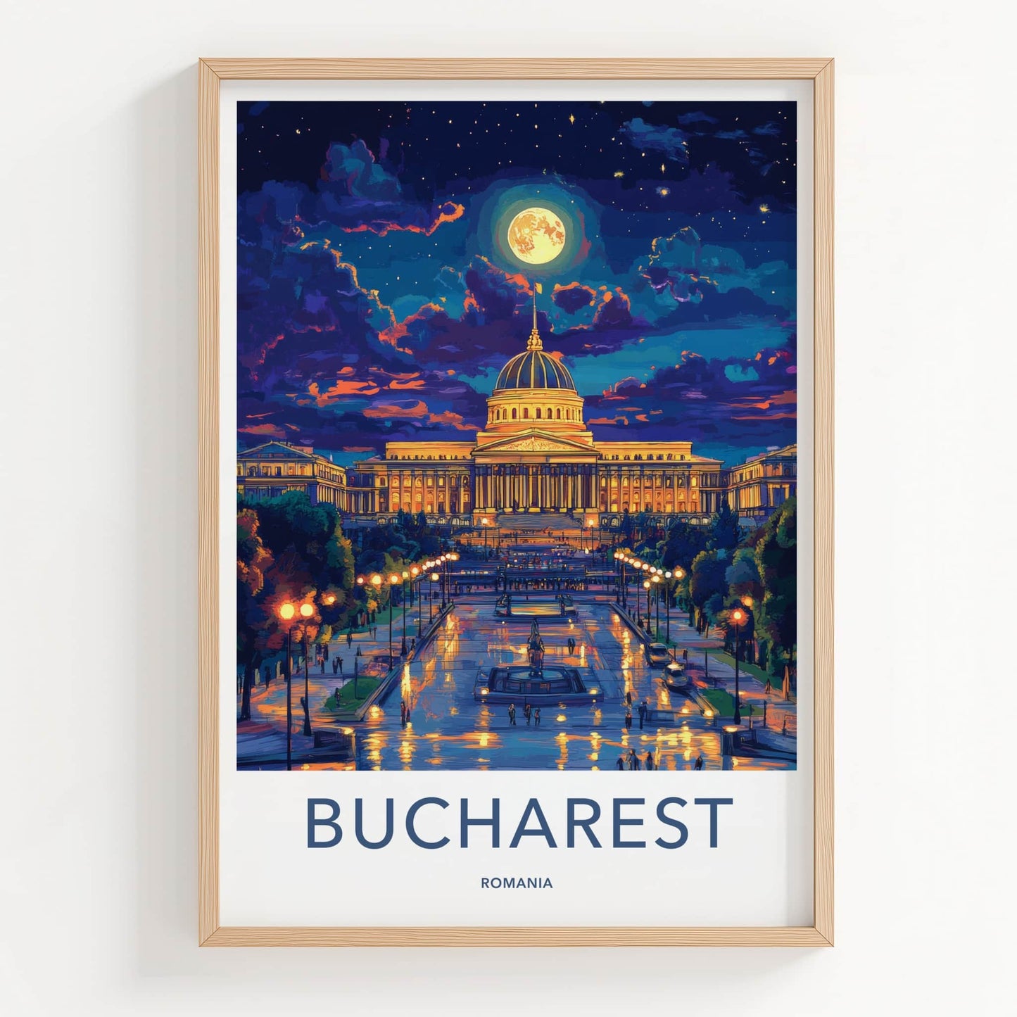 Bucharest Poster - Romania Travel Art - Illuminated Palace Night Home Decor