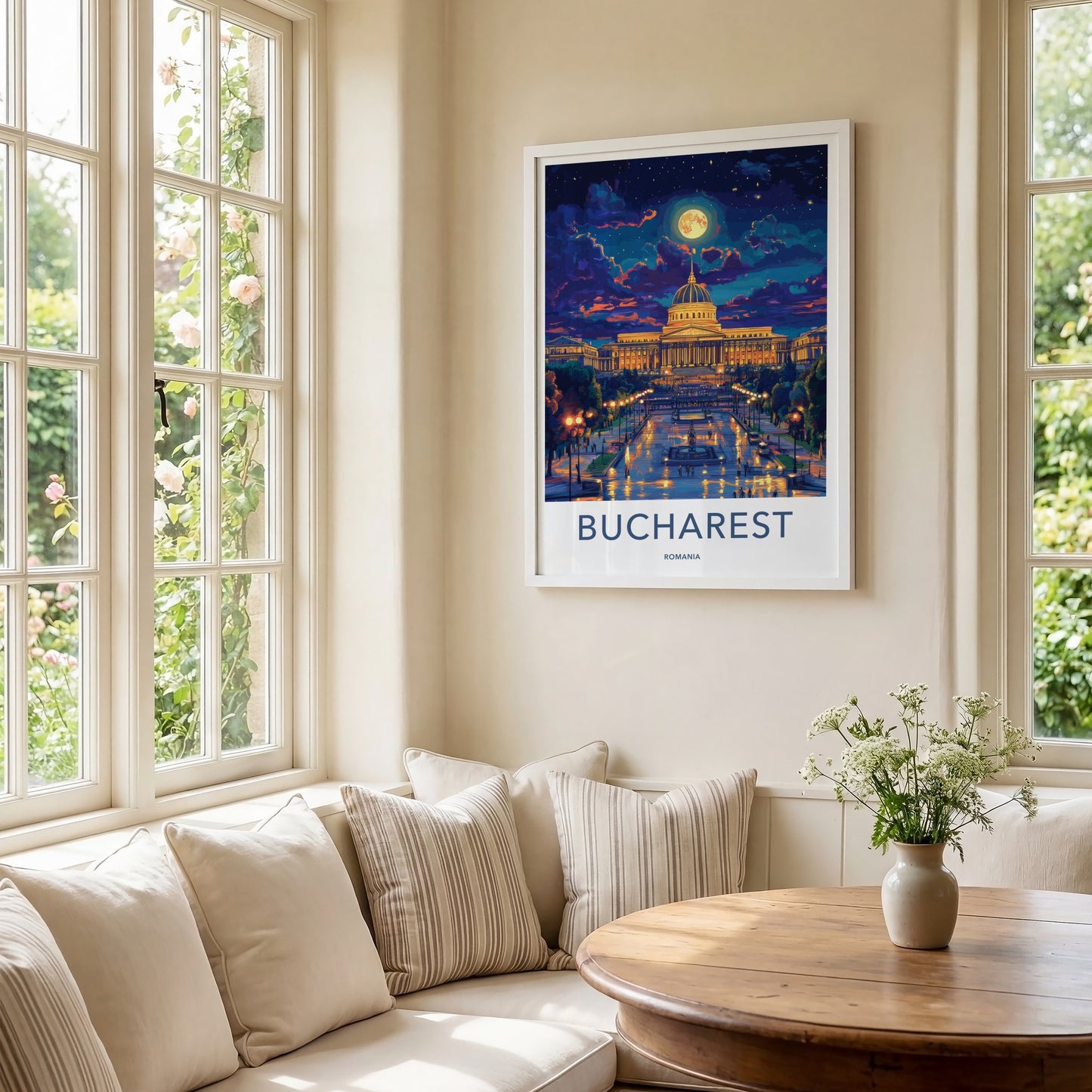 Bucharest Poster - Romania Travel Art - Illuminated Palace Night Home Decor