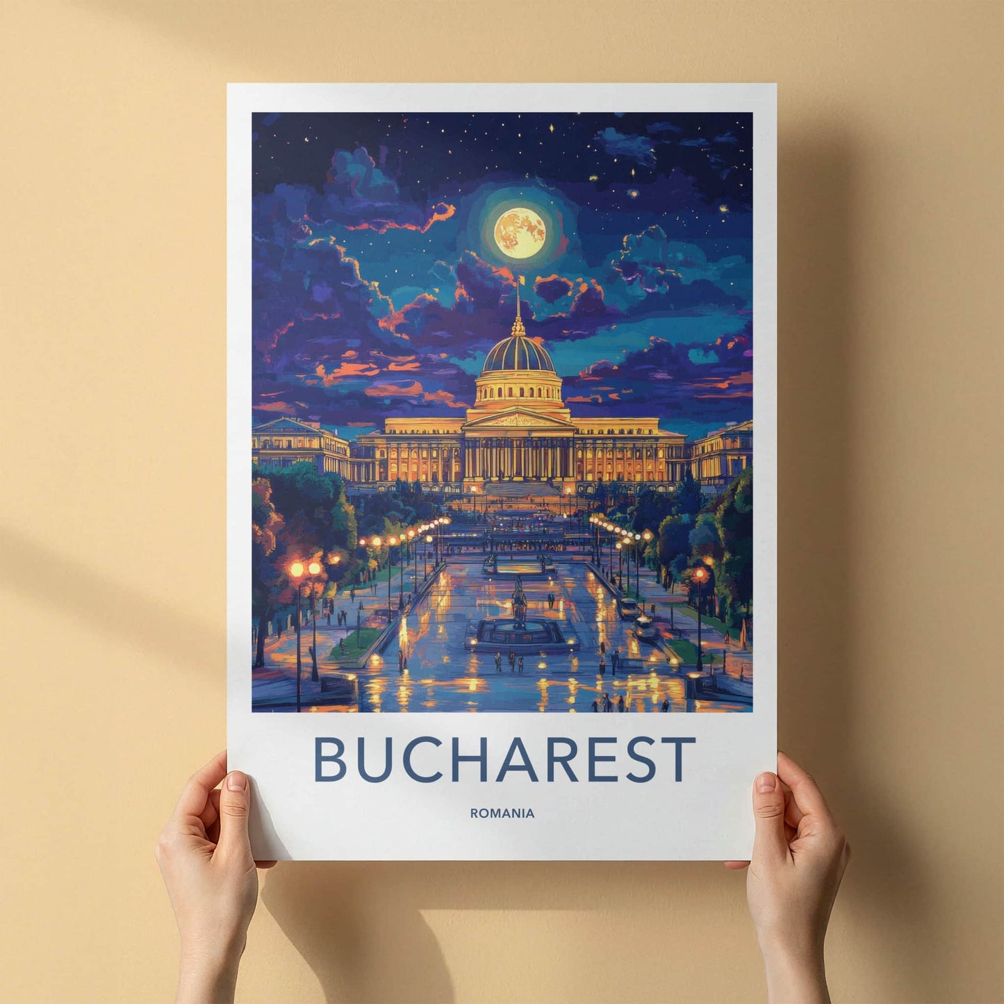 Bucharest Poster - Romania Travel Art - Illuminated Palace Night Home Decor