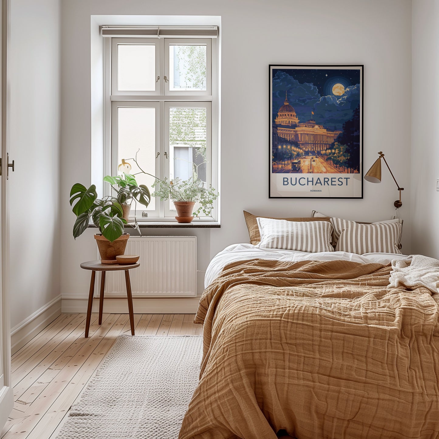 Bucharest Poster - Romania Travel Art - Moonlit City Street Home Decor
