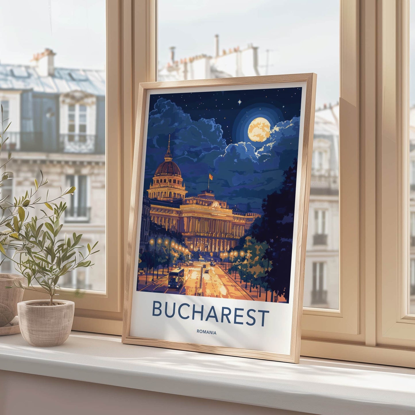 Bucharest Poster - Romania Travel Art - Moonlit City Street Home Decor