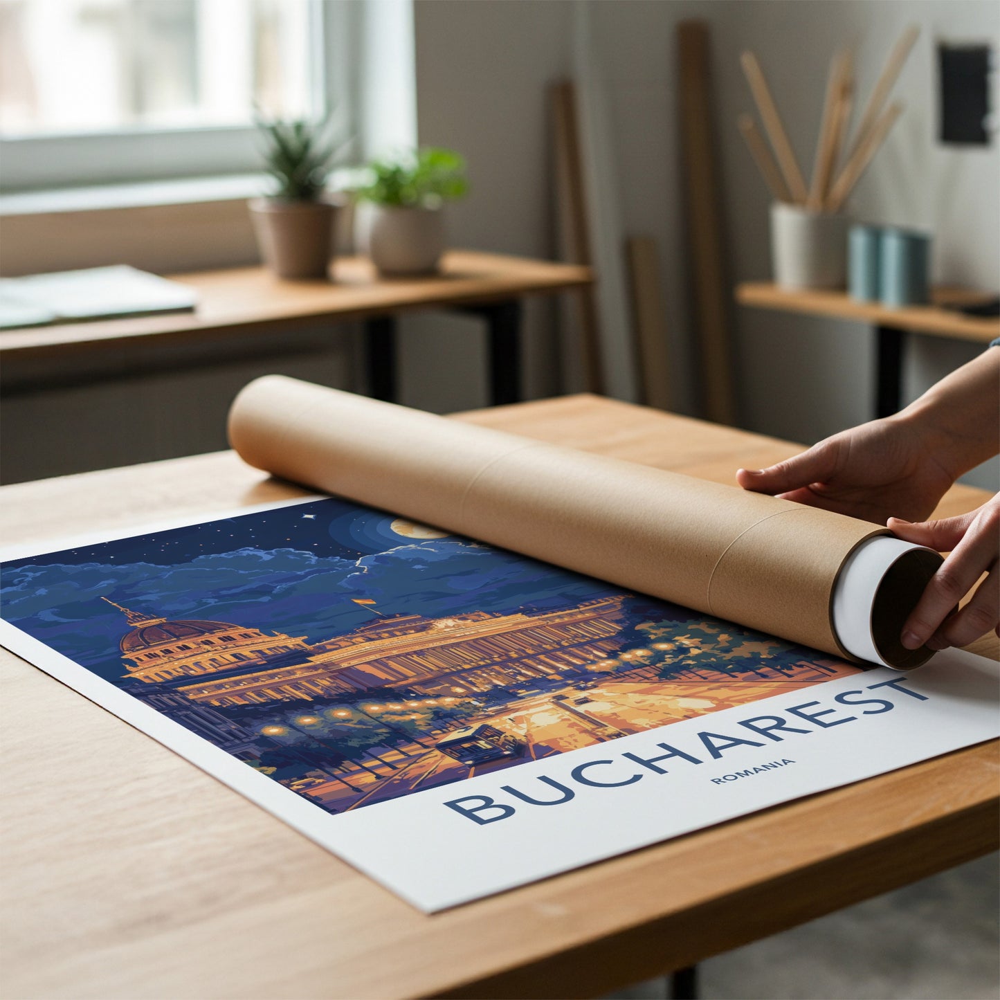 Bucharest Poster - Romania Travel Art - Moonlit City Street Home Decor