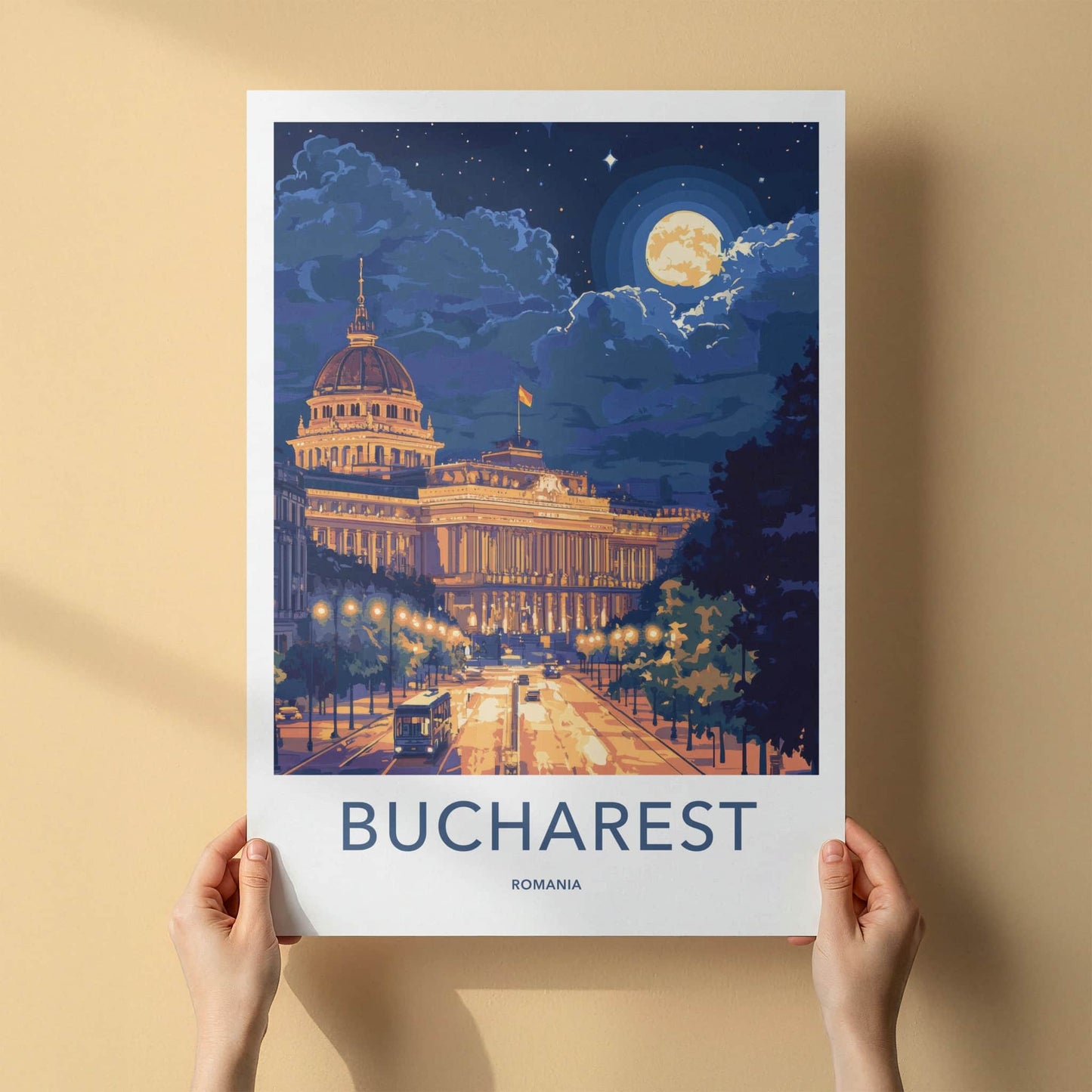 Bucharest Poster - Romania Travel Art - Moonlit City Street Home Decor