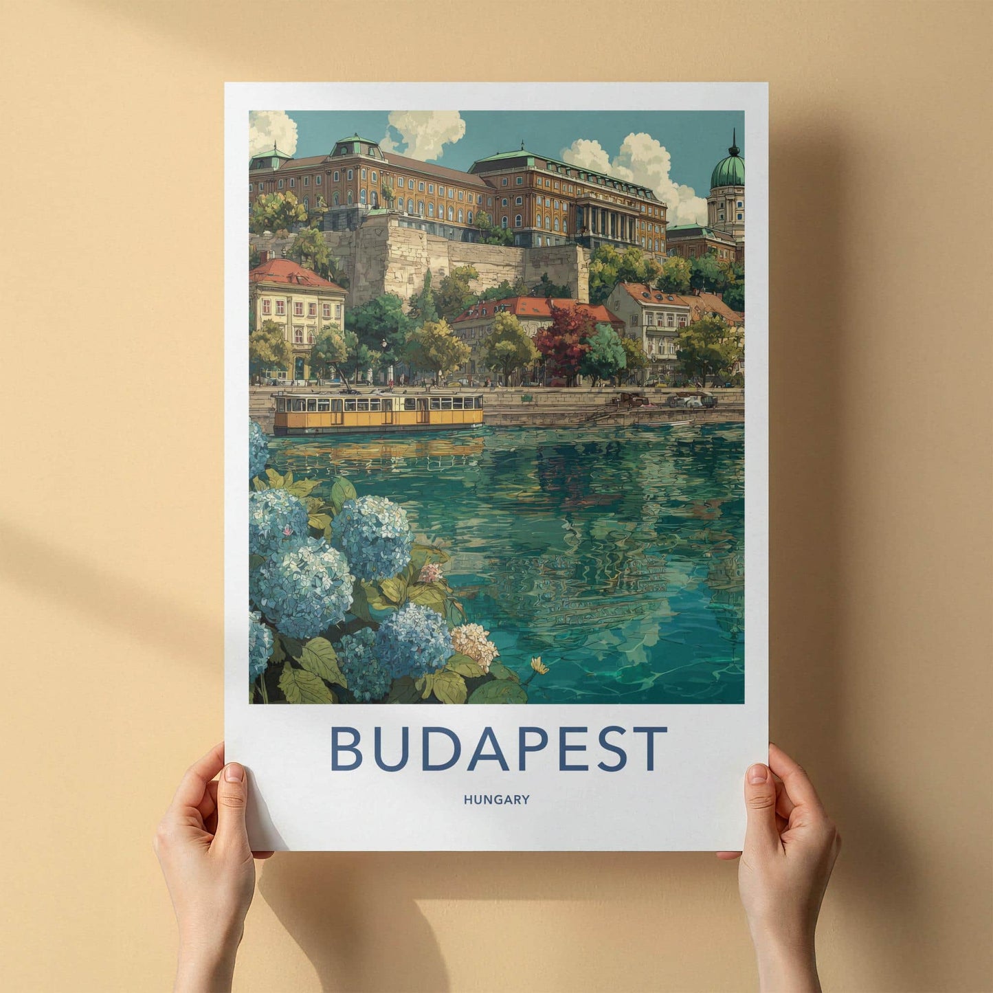 Budapest Poster - Hungary Travel Art - Hillside River Tram Home Decor