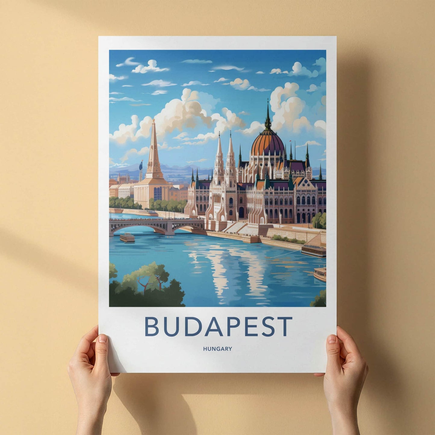 Budapest Poster - Hungary Travel Art - Parliament River Cityscape Home Decor