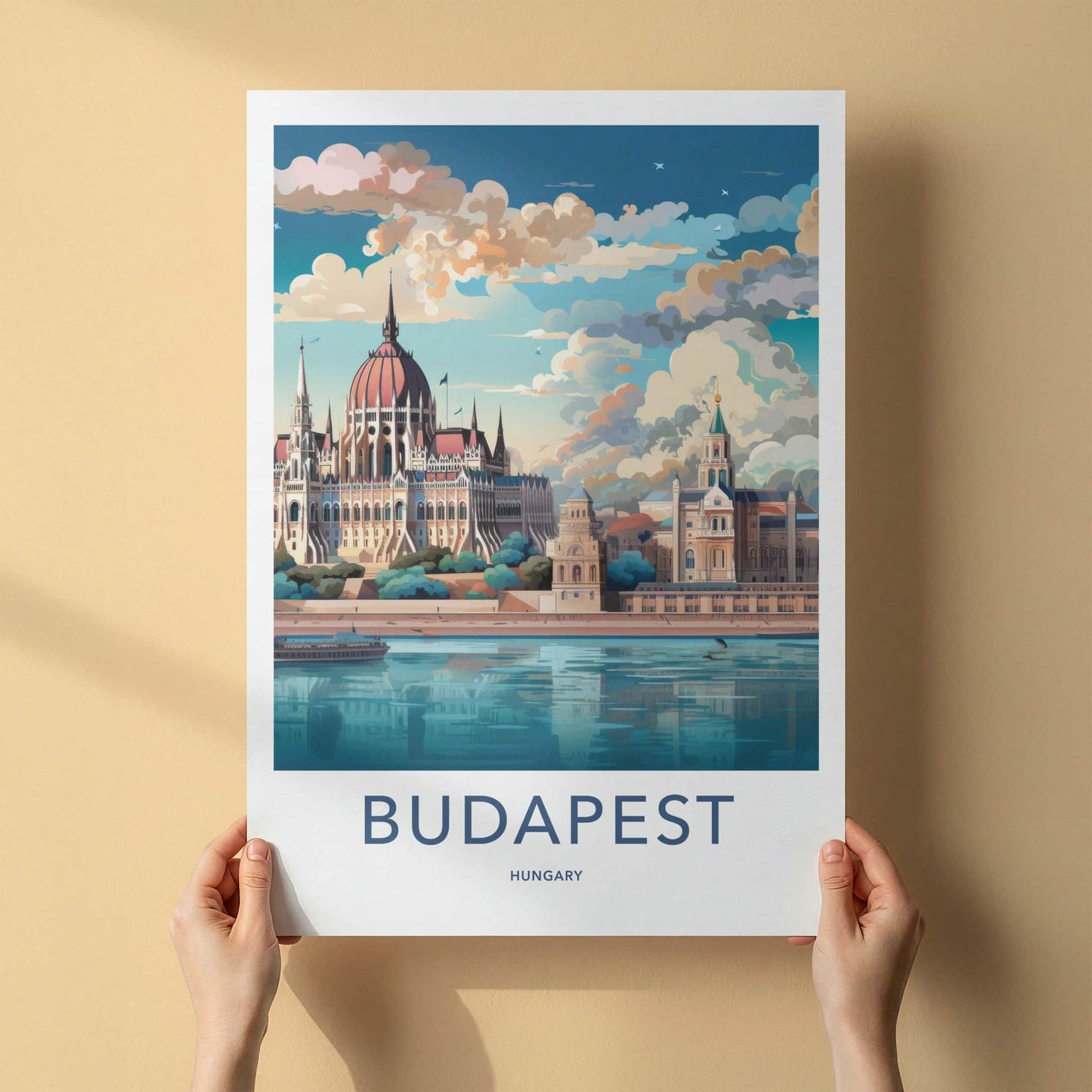 Budapest Poster - Hungary Travel Art - Parliament River Scene Home Decor
