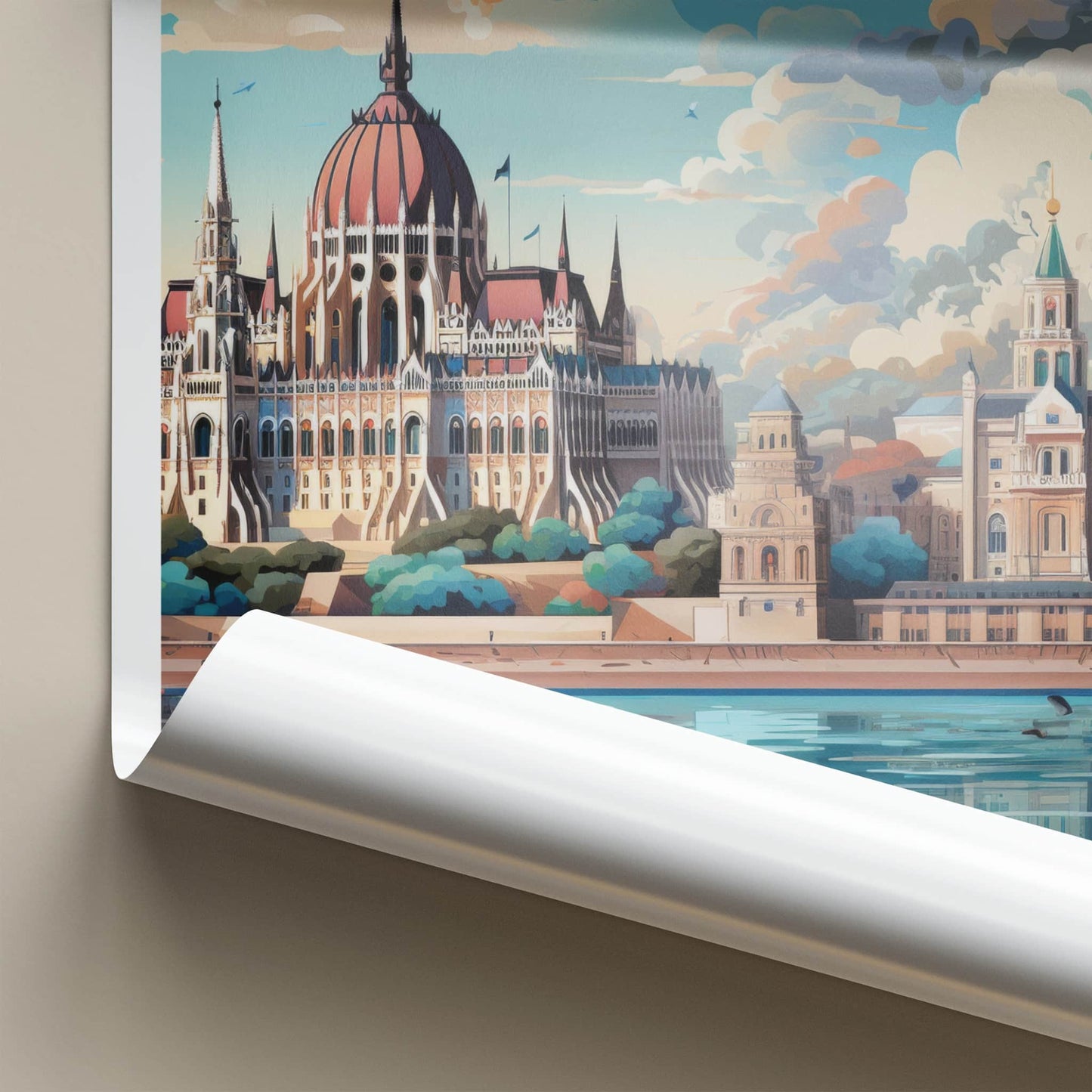 Budapest Poster - Hungary Travel Art - Parliament River Scene Home Decor