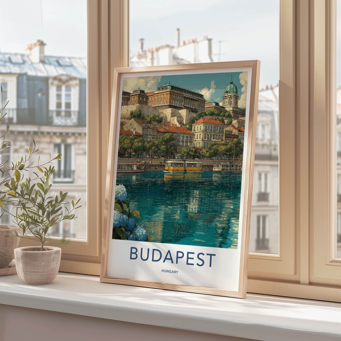 Budapest Poster - Hungary Travel Print - Cityscape River Tram Home Decor