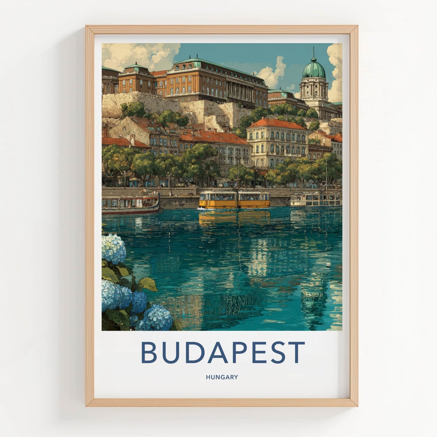 Budapest Poster - Hungary Travel Print - Cityscape River Tram Home Decor